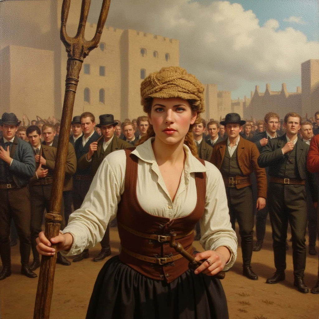 (Beautiful impressionistic oil painting) of a woman in the 1870s in france during the french revolution holding a three-pronged simple pitchfork and leading a rabble of shouting people to the bastille. She is clothed in french peasant clothing of the early 19th century and has a determined look on her face. , <lora:Katheryn_Winnick_FLUX_v1-000040:1>