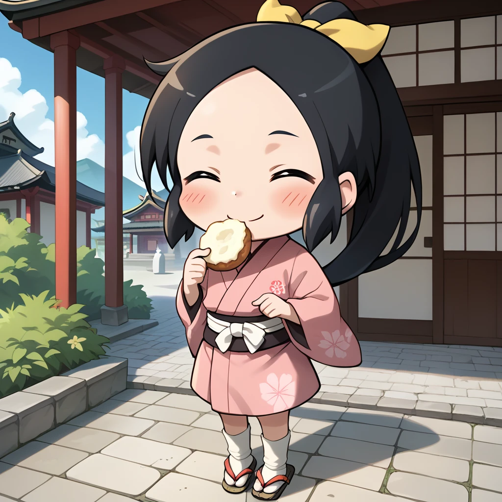 score_9, score_8_up, score_7_up, 1girl, solo, uncensored, shinobichidori, 1girl, solo, smile, eating, crumbs, onigiri, closed eyes, closed mouth, chewing, seiza,   chibi, black hair, yellow ribbon, ponytail, pink kimono, white socks, white obi, sandals, outdoors, east asian architecture, building, japanese garden, porch <lora:ShinobiChidoriXL_v1.0:1>