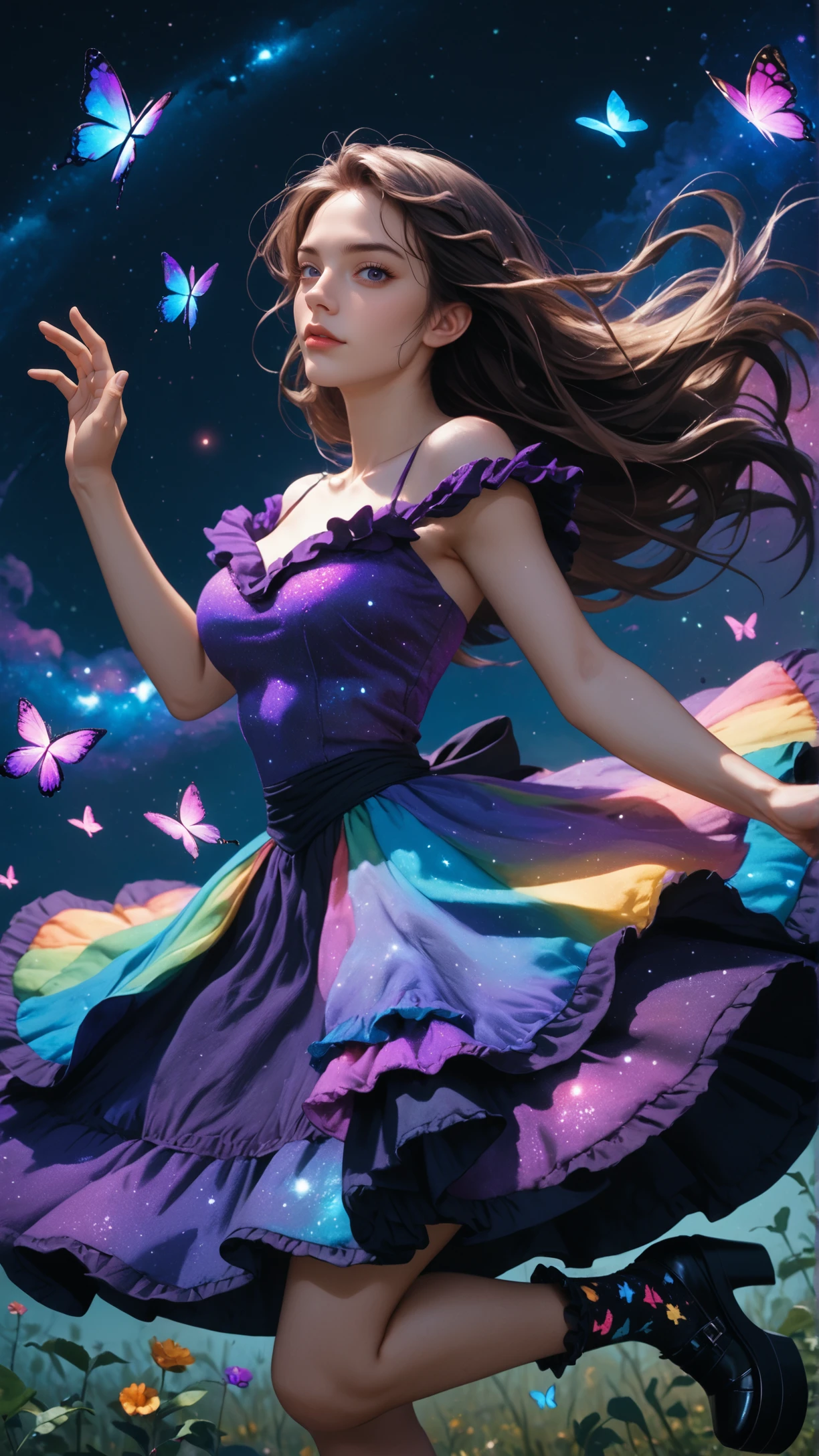 score_9, score_8_up, score_7_up, BREAK, 1 woman, lush breasts, black background, cosmic, nightsky, wearing reij-papilio, purple dress, (hip-length skirt), black knee-high ruffled socks, black platform shoes, butterfly details  <lora:reij-papilio:1>, (dancing in the wind:1.2), hands on skirt, surrounded by stardust, night, (upper body:1.2), dynamic