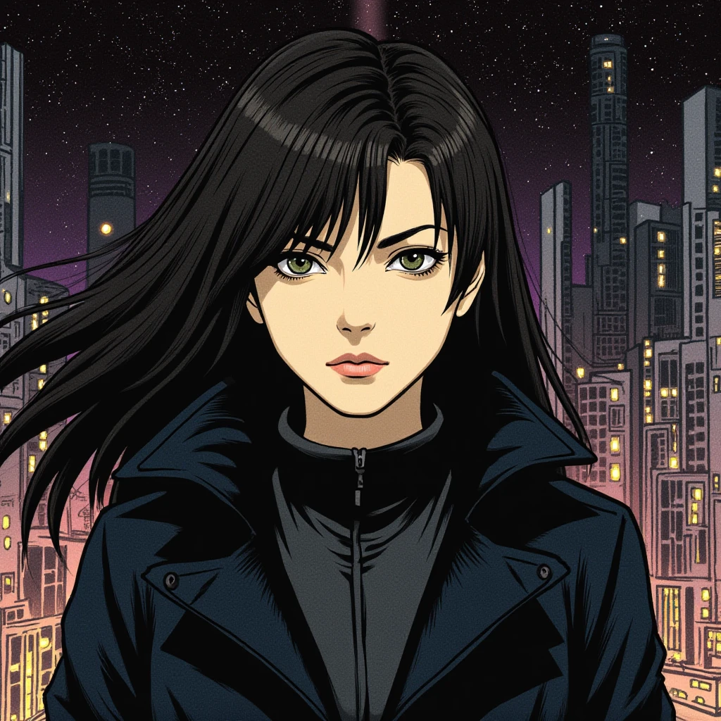 ((Retro 90s Anime style illustration)) drawing of a closeup on face of woman wearing a long black trench-coat futuristic city in the background in the style of the 90s anime Akira. , <lora:Katheryn_Winnick_FLUX_v1-000040:1>