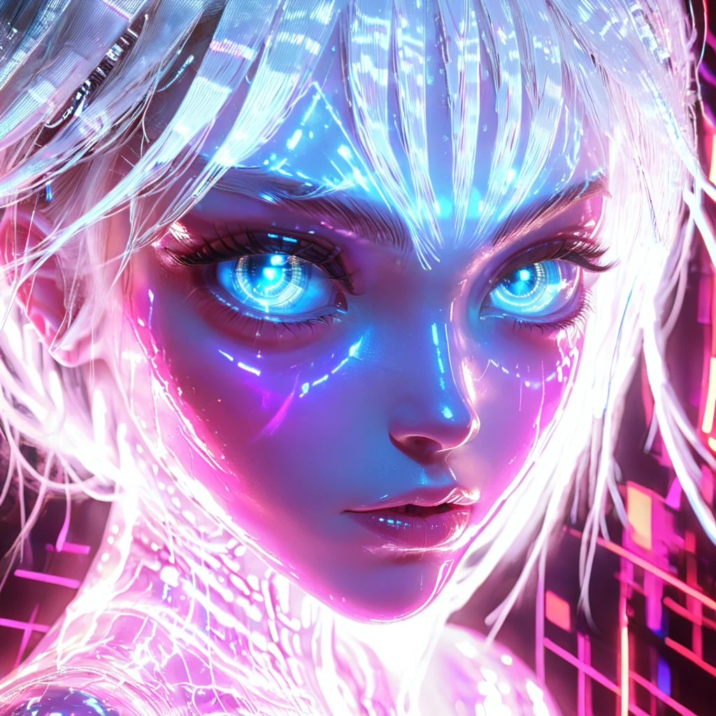 This is a digital artwork in a vibrant, neon-lit style, featuring a close-up of an androgynous, ethereal figure with a futuristic aesthetic. The subject is a young person with striking, glowing blue eyes that dominate the image, filled with an intense, almost otherworldly intensity. Their skin appears to be a luminous, iridescent white, with a high-gloss finish that reflects the surrounding light, suggesting a cybernetic or alien-like quality.
, <lora:holographic:0.8>