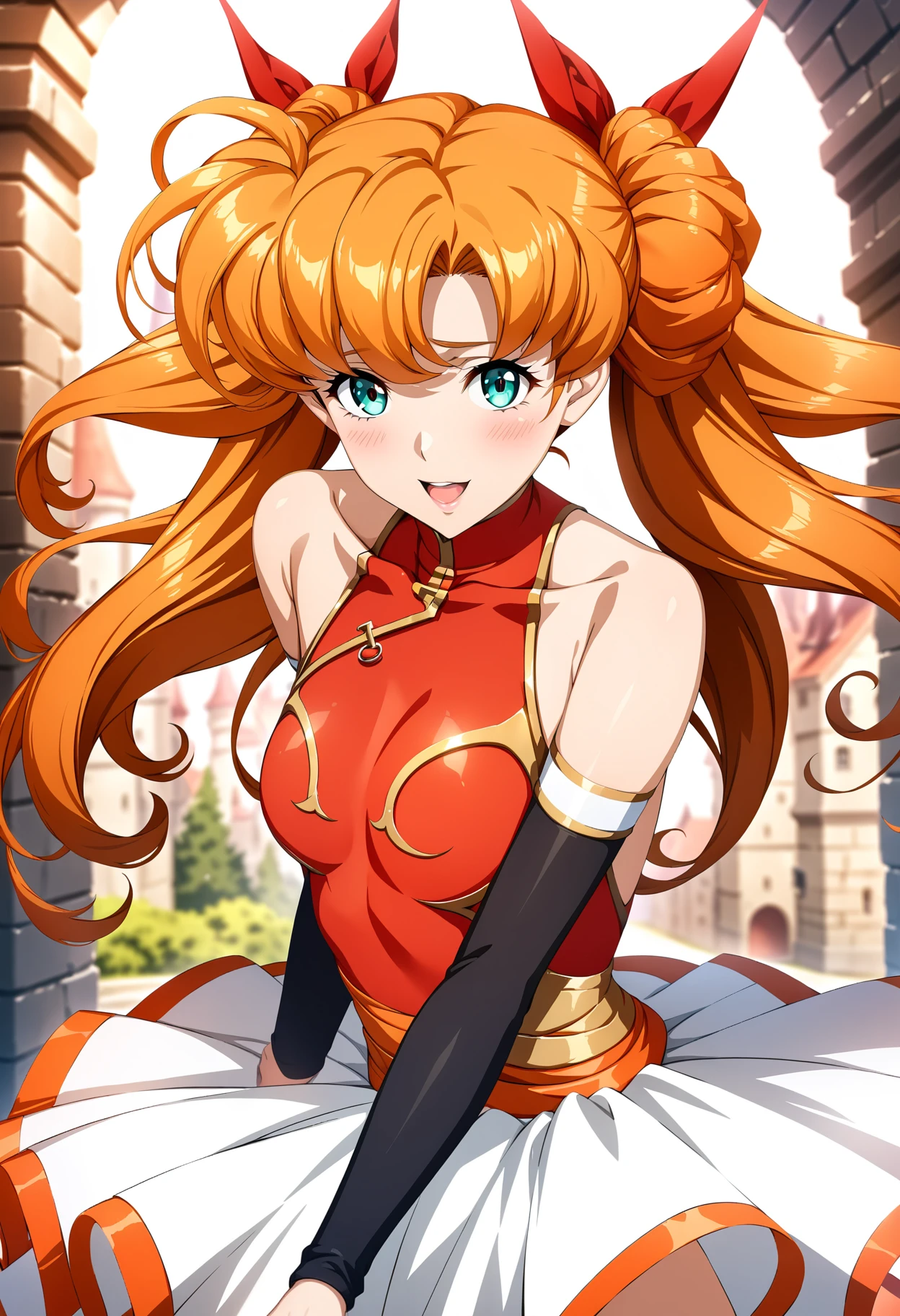 masterpiece,best quality,very aesthetic,absurdres,fantasy,solo,1girl,
<lora:tiaris_v1:1>,tiaris,t_clothes,shiny hair,aqua eyes,red leotard,orange hair,detached sleeves,<lora:Fixhands_anime_bdsqlsz_V1:1>,looking_at_viewer,face_focus,front view,upper_body,blush,:d,castle,city,day,, masterpiece,best quality, very aesthetic, absurdres, ultra detailed, high resolution, 4k, extremely detailed CG,