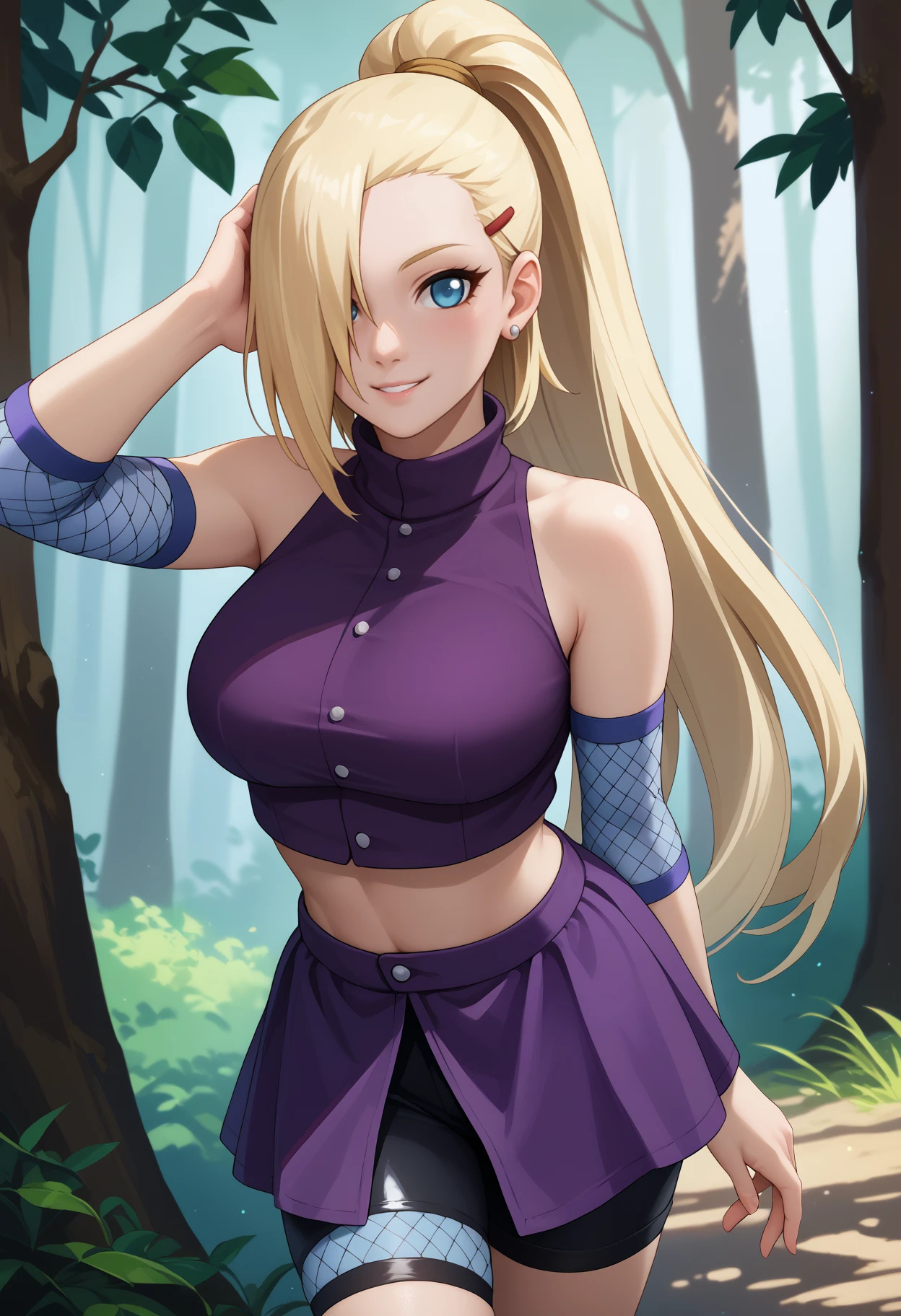 score_9, score_8_up, score_7_up, source_anime, <break> solo, 1girl, in0ymnka, smile, looking at you, standing, hand in own hair, long hair, blonde hair, hair over one eye, high ponytail, hairclip, blue eyes, fishnets, purple shirt, sleeveless turtleneck, buttons, crop top, purple skirt, black shorts, bike shorts, earrings, bare shoulders, midriff, large breasts, outdoors, forest
<segment:yolo-face_yolov8m.pt,0.4,0.5//cid=1>