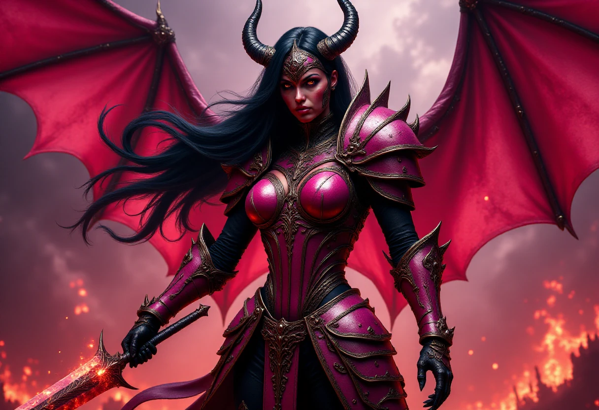 red-skinned succubus flux_dk with black horns, long black hair and red eyes,  demon wings, in pink full armor, holding a fiery sword <lora:Dark_Knights_Flux:1>