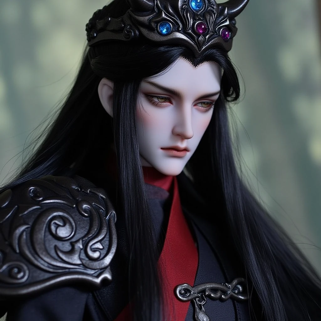 BJD. This image is a highly detailed photograph of a fantasy male doll with an androgynous appearance. The doll has pale skin, long, flowing black hair that cascades down his shoulders, and a sharp, angular face with prominent cheekbones and sharp, expressive eyes. The man's attire is elaborate, featuring a dark, metallic armor with intricate, ornate designs, and a red sash that adds a touch of color. The character's expression is neutral, with a slight hint of melancholy or contemplation. In the background, there is a soft, ethereal light, likely representing a mystical or otherworldly setting. The man's hair is adorned with a decorative, ornate headpiece featuring blue and purple gemstones, suggesting a connection to magic or the supernatural.