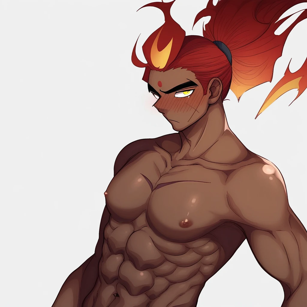 red son, orange highlight, 1boy, male focus, handsome,solo, red hair, topless male, white background, abs, muscular, simple background, scar on face, high ponytail, fiery hair, pince-nez, dark skin, semi-realistic, tonned, nipples, pectorals, navel, upper body,thick eyebrows, forehead mark, yellow eyes, blush,looking at viewer