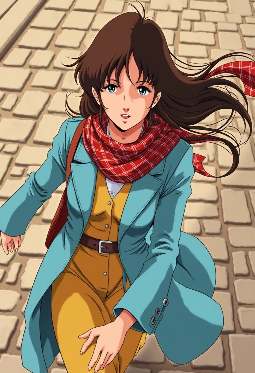 Anime style, sharp, high contrast and highly detailed. Ghibli anime style. Perfect anatomy. Perfect body ratio. No oversized head. No blurry, out of focus pictures. No simple background, no single color background.
She is in motion, viewed from a slightly above angle as she walks on a cobblestone path. Her outfit consists of a light blue trench coat, which flows gracefully as she moves. Underneath the coat, she wears a yellow dress, cinched at the waist with a belt, adding a casual yet structured look. She also sports a red scarf with a checkered pattern, blowing in the wind, adding a sense of movement to the scene. Her long hair flows behind her, further emphasizing the dynamic motion of the character. The perspective from above captures her expression as she looks upwards, giving the image a sense of depth and energy.
 <lora:Misa Hayase - (Flux)_epoch_5:1>, hayase_misa