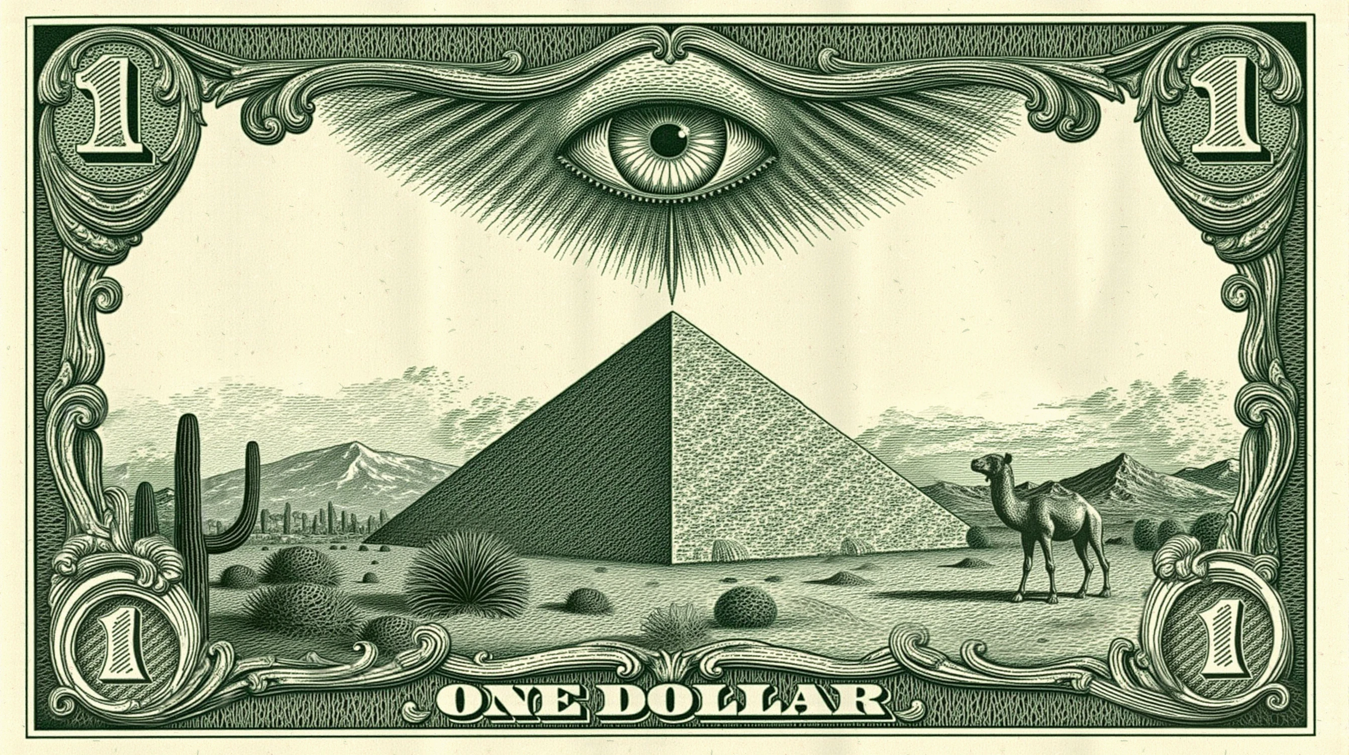 With the number "1" in each corner, and the words "ONE DOLLAR" printed at the bottom, a one-dollar bill fully printed with swirling detailed engraving, an epic picture of a pyramid, with a floating eyeball above it with eyelashes radiating from it, bright clear eye, in the desert with cactus and mountains and a detailed sky puffy clouds, an expansive picture with a camel nearby seen in profile, all bordered with decorative etching on a one dollar bill, photograph with realistic paper texture. DollarStyle.