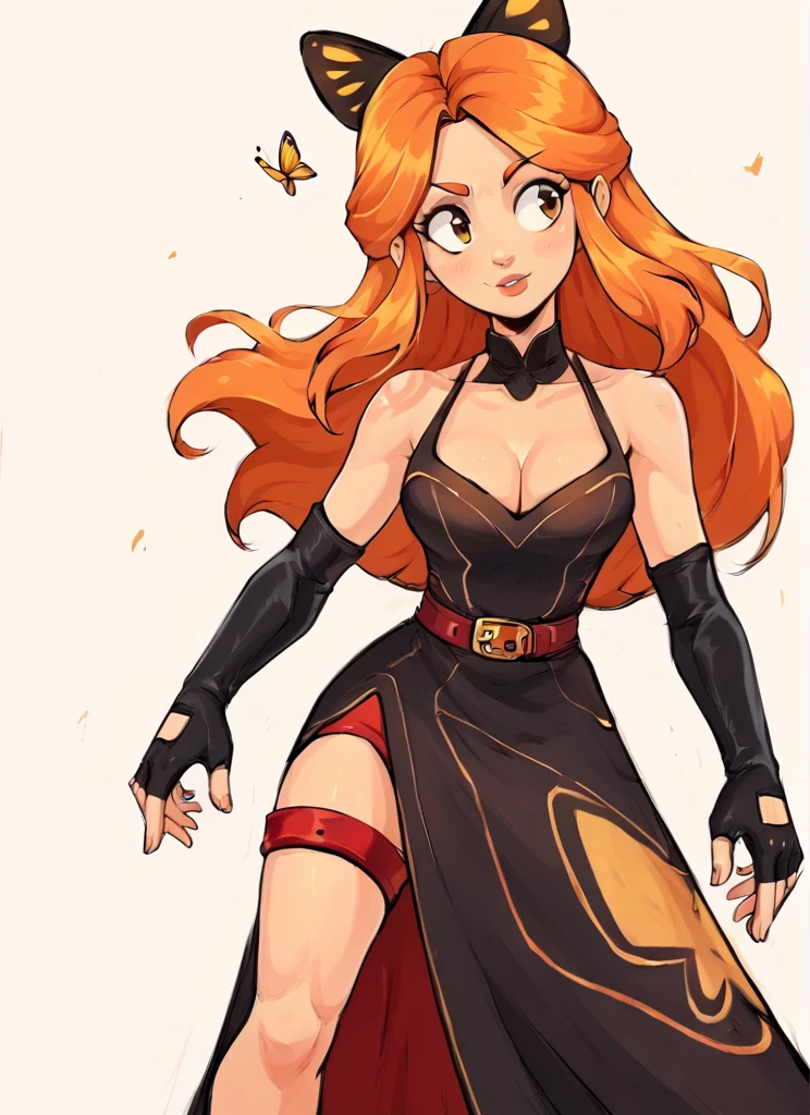 score_9, score_8_up, score_7_up,   1  girl  , bpiper  , orange hair, long hair,  butterfly hair ornament, cleavage , black sleeveless dress,long dress,  pelvic curtain, red thigh strap,  belt ,  black elbow gloves, fingerless gloves  <lora:bpiper-000004:1>   <lora:Aer0Zer0_Artist_Style:1>