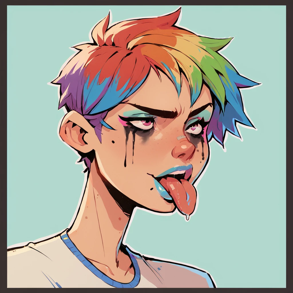 score_9, score_8_up, score_7_up, score_6_up, (framed), 1girl, solo, tomboy, rainbow colored hair, heavy makeup, tongue out, silly