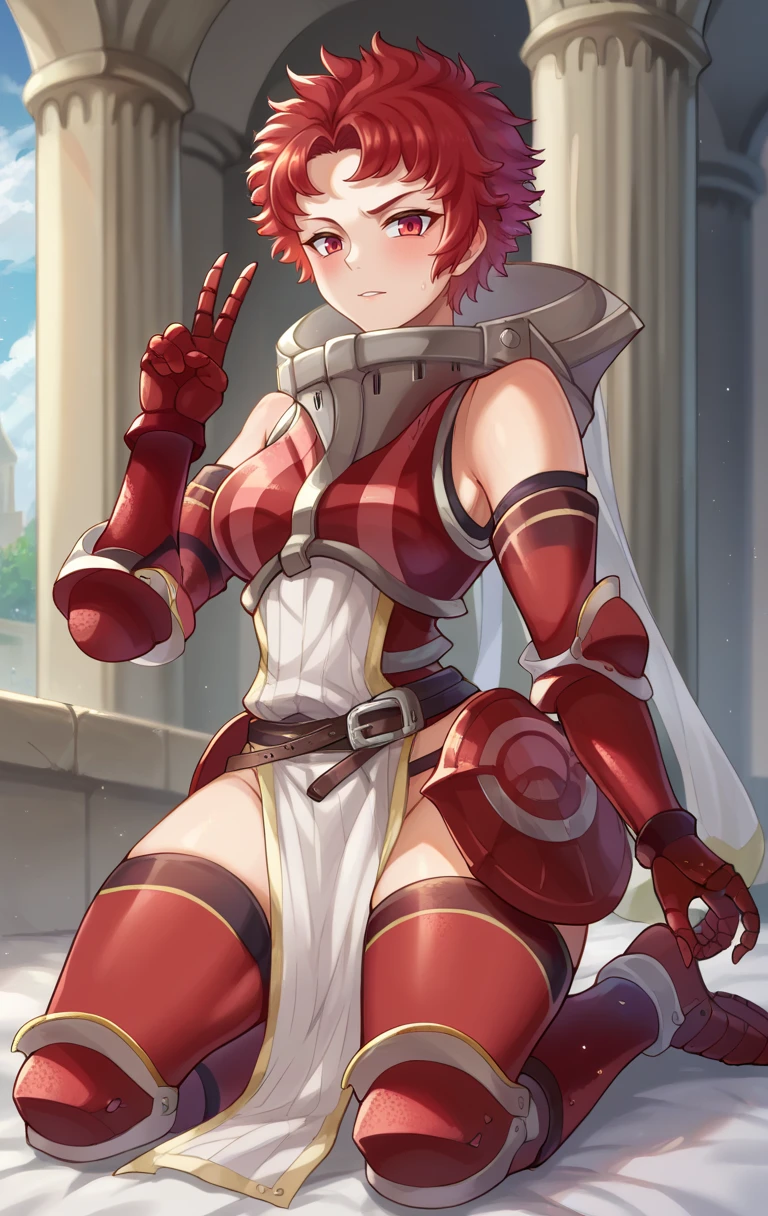 score_9,score_8_up,score_7_up BREAK <lora:sully:1>,sullySDXL,1girl,short hair,red eyes,red hair,belt,armor,gauntlets,pelvic curtain,armored boots,greaves,red armor,cowboy shot,castle,kneeling,v