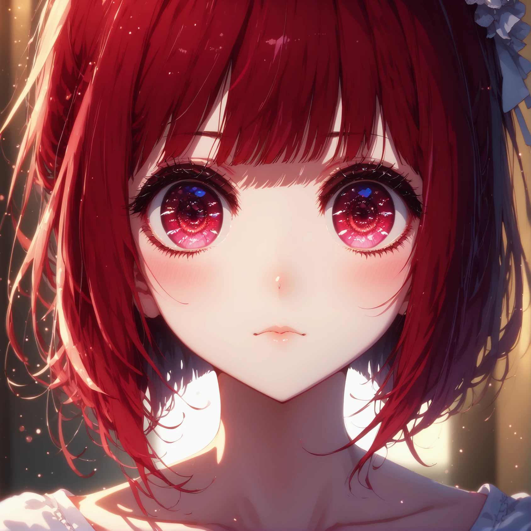 (intricate details:1.1), (detailed background:1.2), (Masterpiece:1.3), (best quality:1.2), score_9, score_8_up, score_7_up, <lora:Kana_Arime_oshi:1>, kana_arime_oshi, solo, red eyes, red hair, blush, looking at viewer, portrait, blurry background, short hair with blunt bangs, soft lighting illuminating her face, glowing red eyes with intricate details, subtle blush, closed mouth, bare shoulders and collarbone, soft shadows, warm light creating a gentle glow, detailed reflection in her eyes, soft atmosphere, red hair catching the light, serene and calm expression,closed mouth