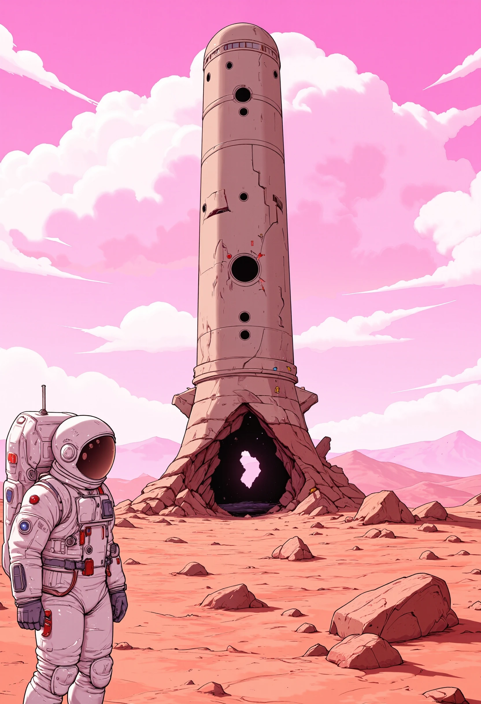 This is a digital illustration in a vibrant, stylized comic book art style. The scene depicts a barren, desolate landscape under a bright, clear sky with a gradient of pink and white. The sky is filled with fluffy, light pink clouds scattered across it. The ground is covered in rough, reddish-brown sand or rock, with a few scattered rocks and a large, ancient-looking, cylindrical structure in the center.
The cylindrical structure, likely a remnant of an ancient civilization or a space station, is tall and has a worn, weathered appearance with various small, circular windows and a large, central round window. The structure is cracked and broken, with a significant portion missing at the base, revealing the dark, rocky interior.
In the foreground, on the left side, stands an astronaut. The astronaut is dressed in a white spacesuit with a large, reflective helmet, a backpack, and various tools attached to the belt. The suit is detailed with visible joints and a textured surface, indicating a realistic depiction of space gear. The astronaut's face is obscured by the helmet, adding an element of mystery.