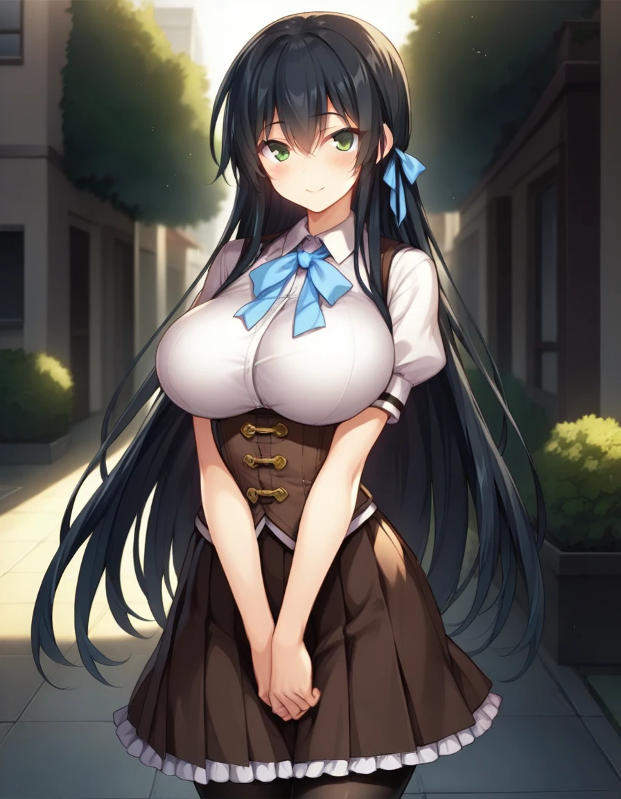 score_9,score_8_up,score_7_up,score_6_up BREAK official art,solo,outdoors,cowboy shot,looking at viewer,facing viewer,smile,blush,Sawatari Airi,very long hair,black hair,hair ribbon,sidelocks,hair between eyes,bangs,green eyes,school uniform,neck ribbon,blue ribbon,brown vest,white shirt,collared shirt,puffy short sleeves,large breasts,underbust,framed breasts,impossible clothes,skindentation,corset,miniskirt,brown skirt,pleated skirt,frilled skirt,black pantyhose,loafers,<lora:Sawatari Airi(n jk l)-Pony:1.1>,