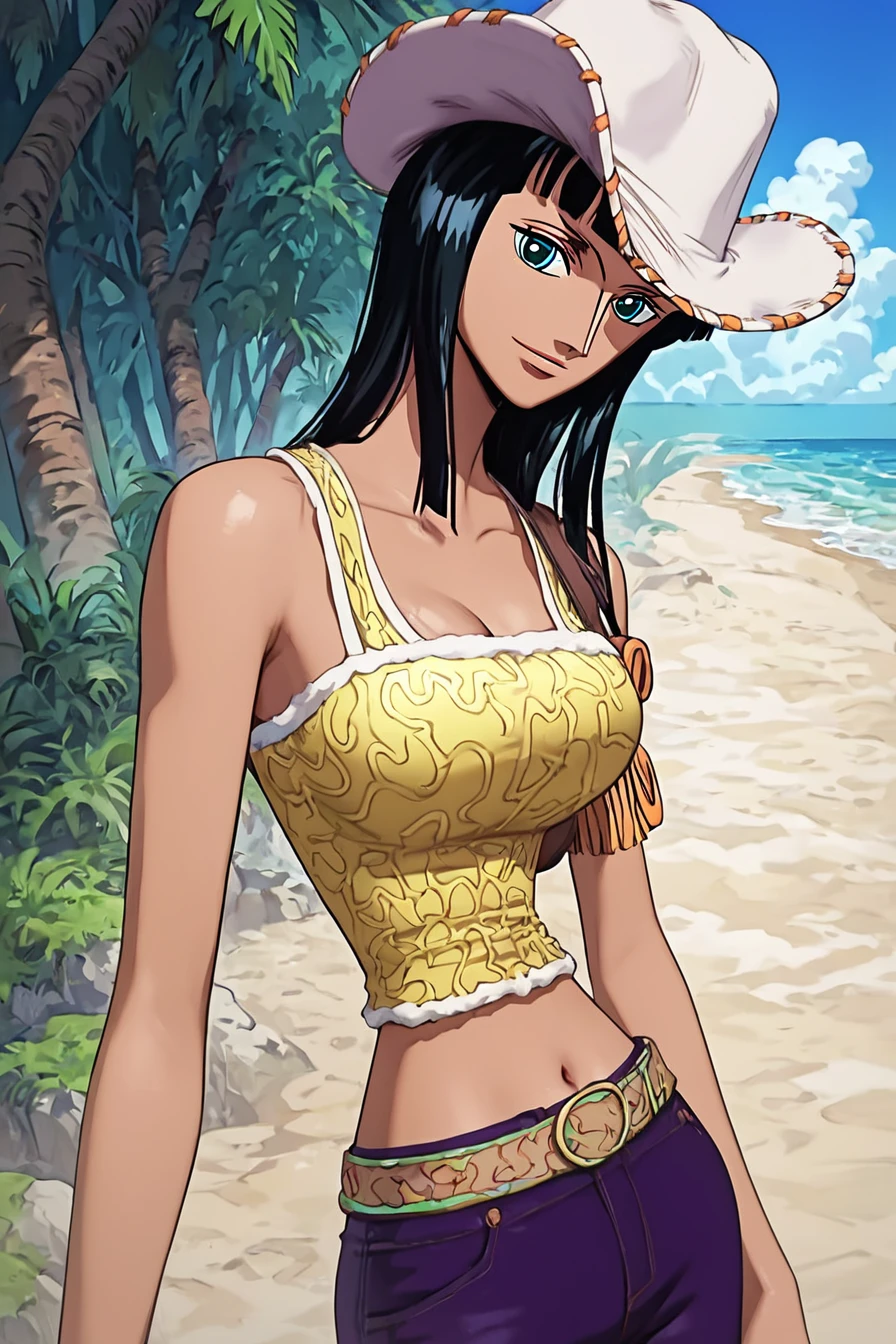 2d anime, woman, viola from one piece, beach, long black hair, bikini, cleavage, straddling, sexy, highres, best quality, masterpiece