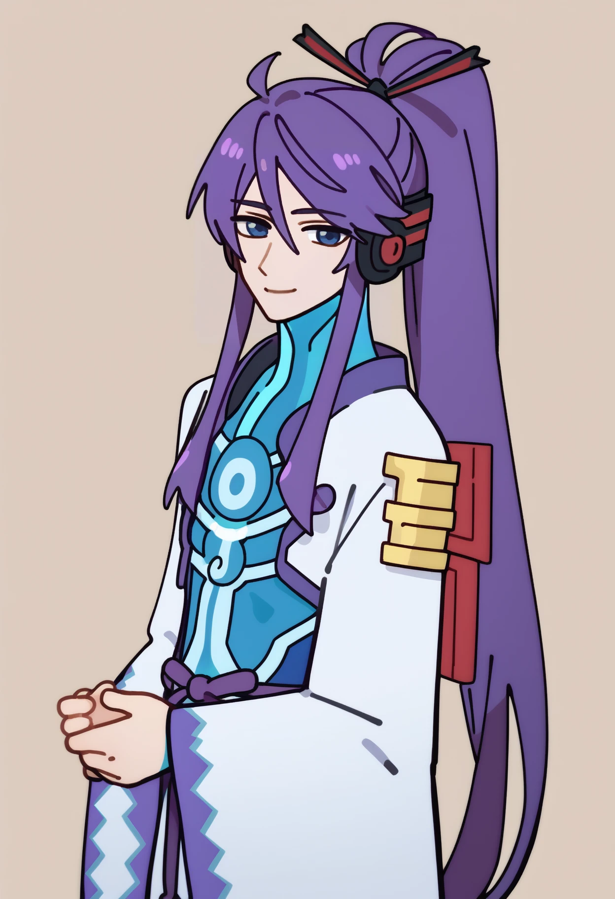 score_9, score_7_up, <break> simple background, solo, male focus, 1boy, cmgkpo, light smile, looking at you, standing, long hair, purple hair, ponytail, headphones, blue eyes, japanese clothes, white kimono, long sleeves, wide sleeves, shoulder armor, blue bodysuit
 <segment:yolo-face_yolov8m.pt,0.4,0.5//cid=1>