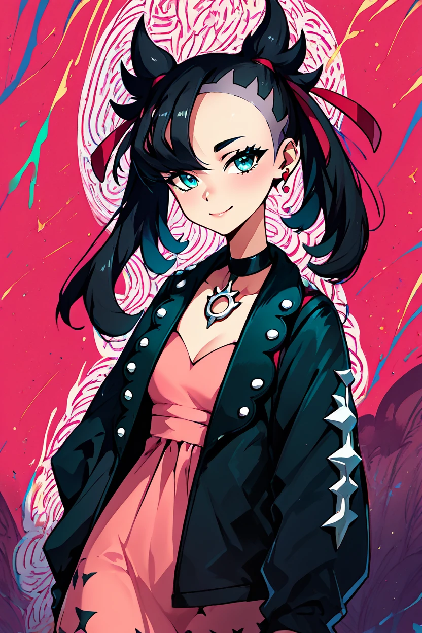 score_9, score_8_up, score_8, medium breasts, (curvy), cute, eyelashes,       BREAK, , BREAK, zzMarnie, aqua eyes, black choker, black hair, red ribbon, pink dress, jewelry, black jacket, open clothes, long sleeves, <lora:MarnieP3:0.8>,, <lora:NebulaNoir:1.0>, multicolored, glowing,  <lora:CatalystStylePDXL:0.6>, abstract background, , BREAK,  smile, looking at viewer, cowboy shot,  embedding:zPDXL, Expressiveh, <lora:SDXLFaeTastic2400:0.5>,  <lora:Expressive_H-000001:0.4>,