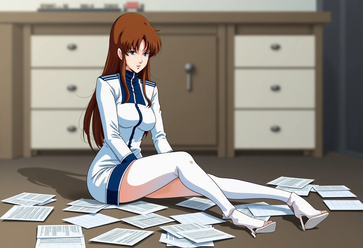 Anime style, sharp, high contrast and highly detailed. Ghibli anime style. Perfect anatomy. Perfect body ratio. No oversized head. No blurry, out of focus pictures. No simple background, no single color background.
She is  sitting on the floor with papers scattered around her. She is wearing a white fitted military uniform with dark blue trim and a high collar, which has a formal, official look. The outfit is a one-piece, resembling a dress or long jacket with a matching pencil skirt, and is paired with white or light-colored high heels. Her brown hair is styled simply, and her expression appears thoughtful or surprised. The pose suggests she is in the midst of gathering or organizing the scattered papers. View from the side.
Wide angle, full body.
 <lora:Misa Hayase - (Flux)_epoch_5:1>, hayase_misa