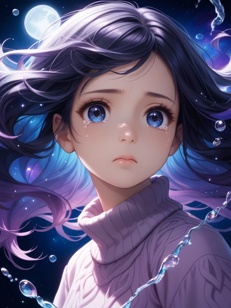 score_9, score_8_up, score_8,
highly detailed, intricate, beautiful aesthetic,
vibrant, extreme contrast, 
focus on face, (headshot), close up, view from the side, large eyes, long hair, detailed eyes, detailed hair,
cute, girl, baggy sweater, cosmic background, sad, crying, tiers, water drops, floating, in space,
moon, stars, atmospheric, lost, magical robes, magical hair,