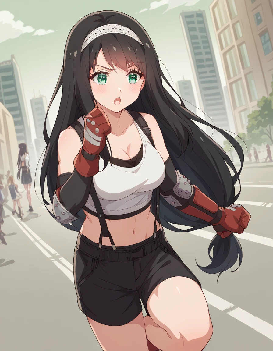 score_9, score_8_up, score_7_up, source_anime, <lora:shiori-yomiuri-s1-ponyxl-lora-nochekaiser:1>, shiori yomiuri, long hair, black hair, green eyes, white hairband, medium breasts,, <lora:tifa-lockhart-cosplay-ponyxl-lora-nochekaiser:1>, tifalockhartcosplay, tifa lockhart (cosplay), suspender skirt, suspenders, navel, midriff, white tank top, cleavage, elbow pads, crop top, tank top, shorts, short shorts, collarbone, gloves, elbow gloves,, cityscape, street, blush, open mouth, fighting stance, leg lift, leg up, , cowboy shot, dutch angle