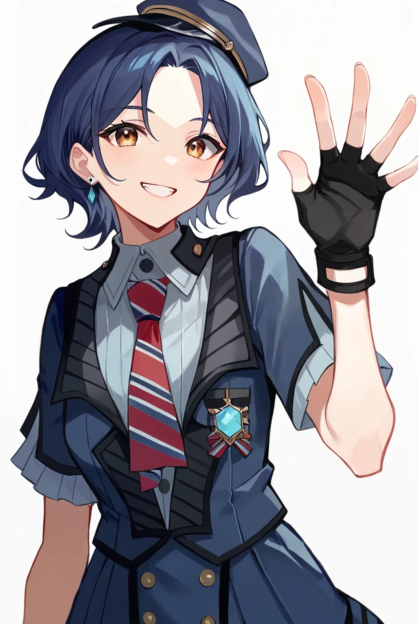 (score_9,score_8_up,score_7_up, ),GBC_NANA,1girl,solo,
parted bangs,brown eyes,blue hair,short hair,
(hat,necktie,jewelry,earrings,blue headwear,fingerless gloves,short sleeves,black gloves,blue skirt,blue shirt,red necktie,pleated skirt),indoors,looking at viewer,smile,(white background:1.4),<lora:GBC_NANA-pony-000028:1>,portrait,waving,(simple_background:1.4),(white_background:1.4)