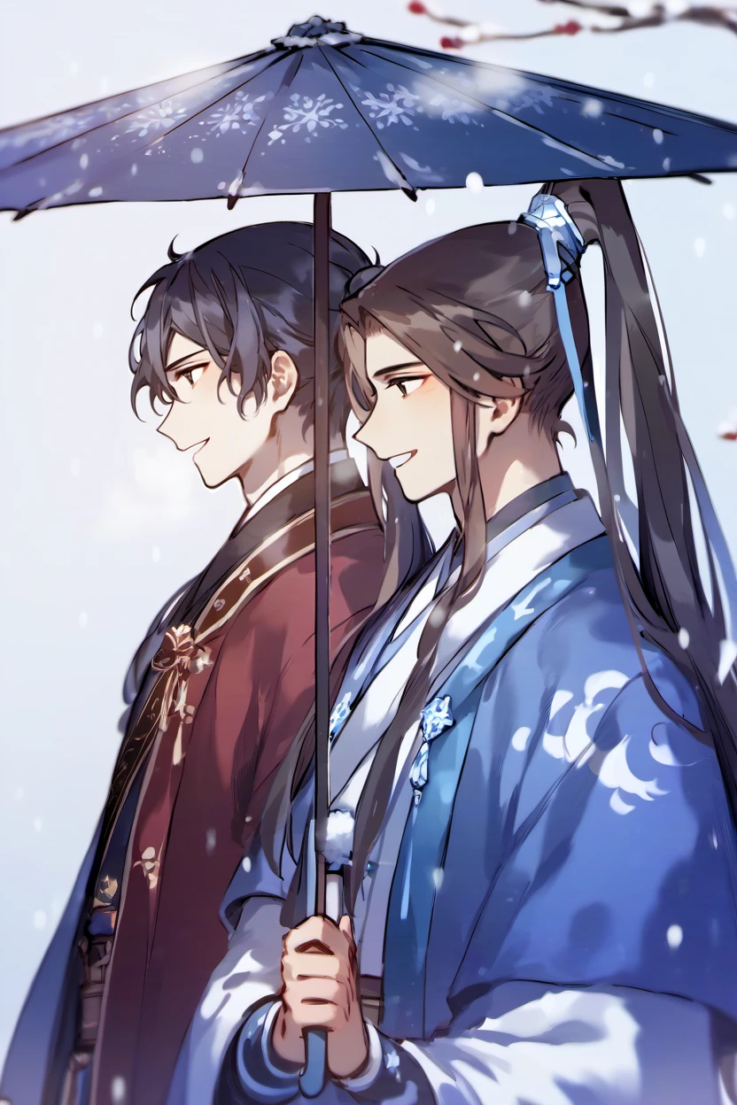 score_9, score_8_up, score_7_up, masterpiece, best quality,
 <lora:StariweiStyle:1>  stariwei_style
long hair, smile, open mouth, black hair, holding, upper body, ponytail, male focus, multiple boys, 2boys, hair bun, profile, umbrella, snow, snowing, holding umbrella, shared umbrella