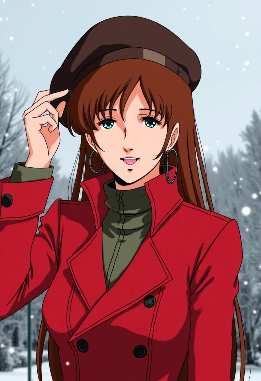 Anime style, sharp, high contrast and highly detailed. Ghibli anime style. Perfect anatomy. Perfect body ratio. No oversized head. No blurry, out of focus pictures. No simple background, no single color background.
She  dressed in a stylish outfit, consisting of a red high collar trench coat with a high collar and large buttons, exuding a sense of confidence. She is wearing a dark brown or black beret, which she lightly holds on top of her head with one hand, giving the impression of a casual, playful pose. Her earrings are hoop-shaped, adding a touch of elegance. The vibrant red coat contrasts against her brown hair and the darker tones of the hat, making her stand out. The overall look is both fashionable and bold. She is standing outdoor, in snowy weather. She is making a very happy, beautiful smile.
 <lora:Misa Hayase - (Flux)_epoch_5:1>, hayase_misa