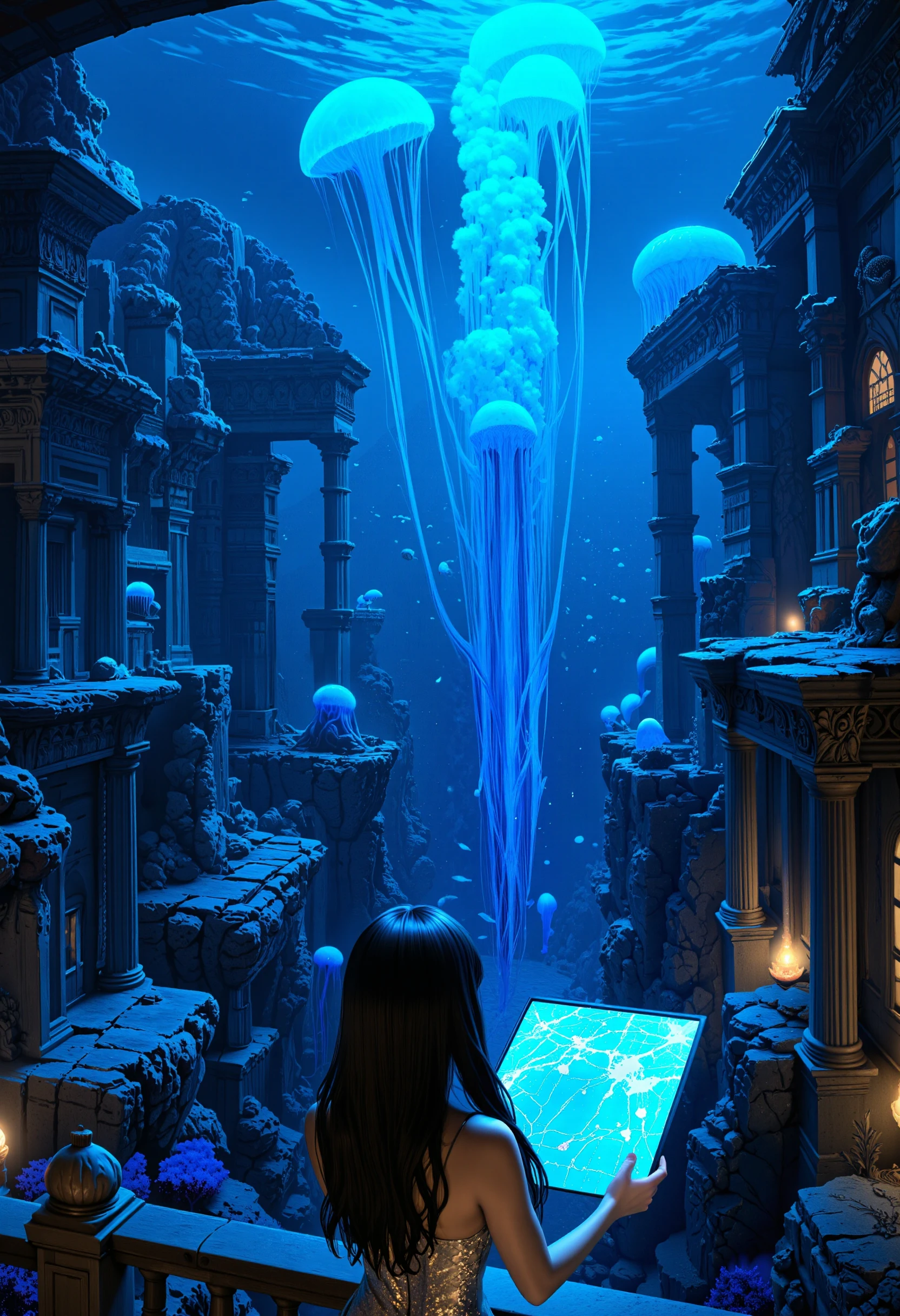 A surreal underwater city floating in the abyssal depths, illuminated by bioluminescent coral. Giant jellyfish gracefully swim through the streets, their tendrils glowing in neon colors. The city buildings are a blend of ancient Greek ruins and futuristic, glass-like structures, with schools of glowing fish weaving between them. A mermaid with metallic scales is seen gazing out from a balcony, holding a holographic map. The scene is filled with a mystical, otherworldly light, reminiscent of Yoshitaka Amano’s dreamlike art style.