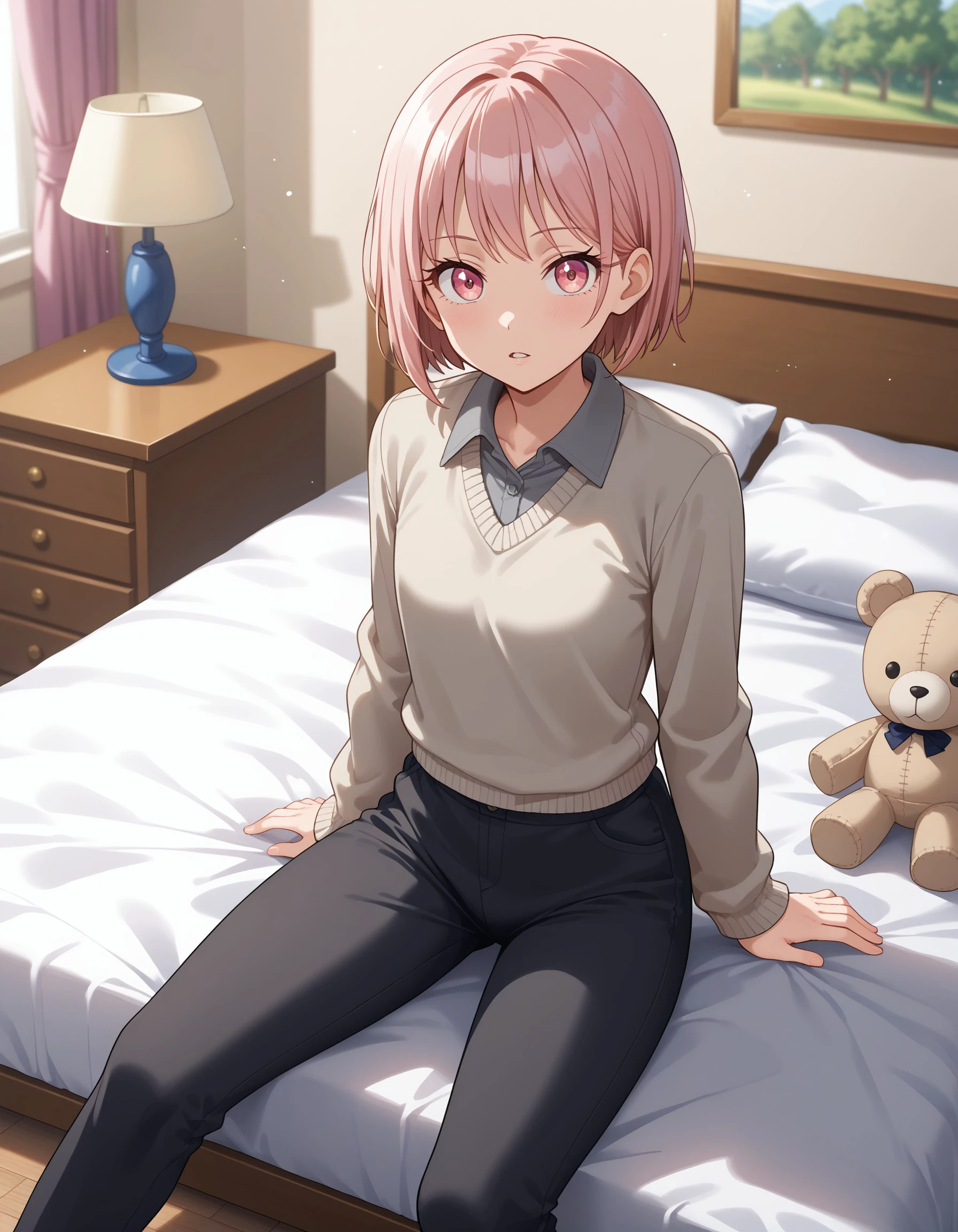 (masterpiece), best quality, expressive eyes, perfect face, akiyama_m, looking at viewer, short hair, shirt, long sleeves, pants, black pants, sitting, frills, parted lips, collared shirt, pants, indoors, blurry, :o, sweater, pillow, plaid, black pantyhose, eyelashes, bed, depth of field, feet out of frame, on bed, from above,stuffed toy, sunlight, stuffed animal, looking up, curtains, box, grey shirt, light particles, light blush, light rays, wooden floor, dot nose, lamp, bedroom, grey sweater, desk lamp, <lora:2b3ece8f-5cff-4de1-95f1-40db7d35ae8a:0.7>