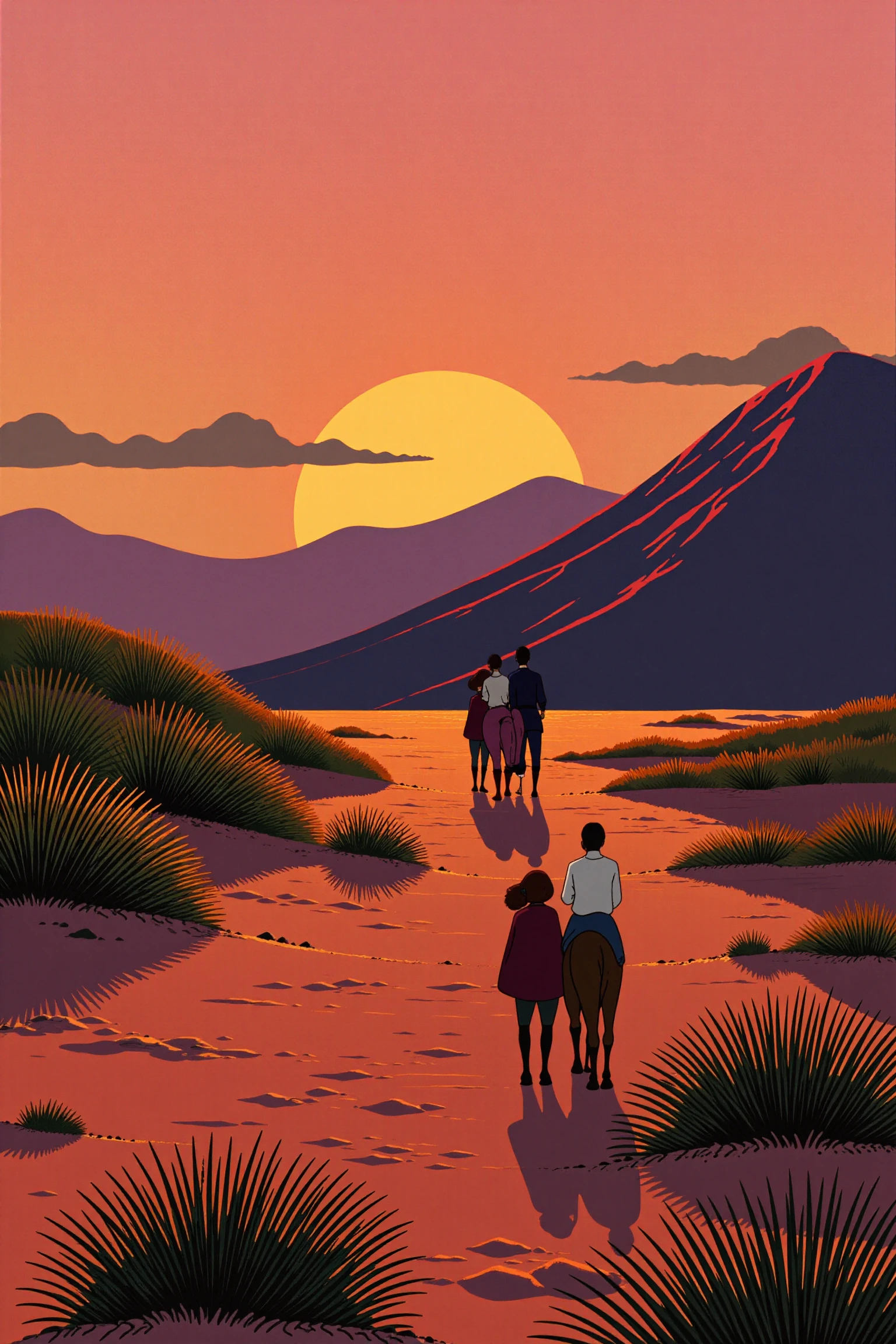 ghibli, in the Desert, at Sunrise, line art drawing , professional, sleek, modern, minimalist, graphic, line art, vector graphics
