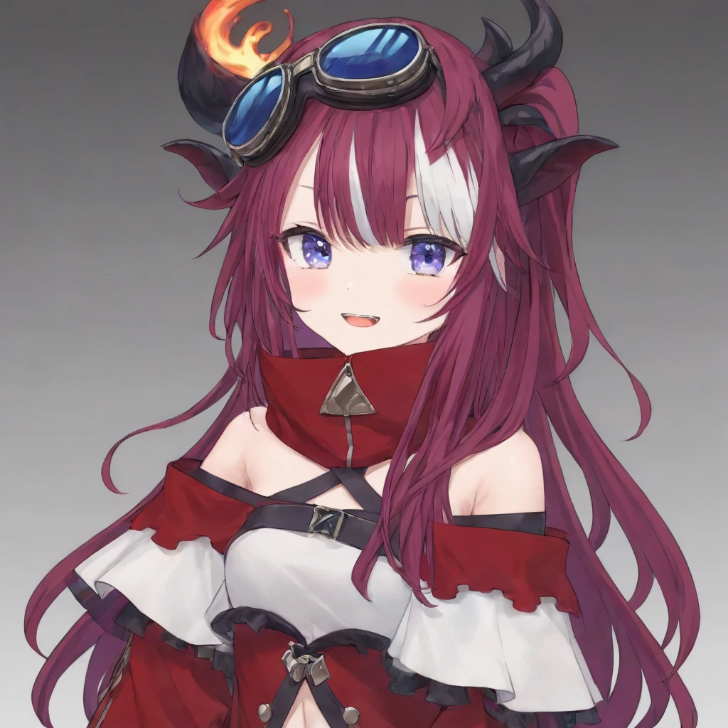 saya, crimson hair, small breasts, white bangs, dragon girl, goggles, bare shoulders,blue purple gradient eyes, virtual youtuber, solo, 
<lora:SAYA-XL-t1-000004:0.6>