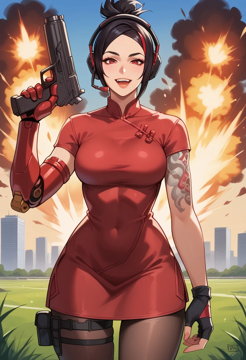 score_9, score_8_up, score_7_up,  source_anime,  BREAK solo, 1 girl, <lora:FNDemi:1>,  DemiFN, black hair, streaked hair, red eyes,  high ponytail, short ponytail, headset, red china dress, arm tattoo, thigh holster, pantyhose, asymmetrical sleeves, single red mechanical arm, single fingerless glove, seductive smile, , hand on own hip, grass, sky, breasts, city , explosion, open mouth, gun, holding gun,