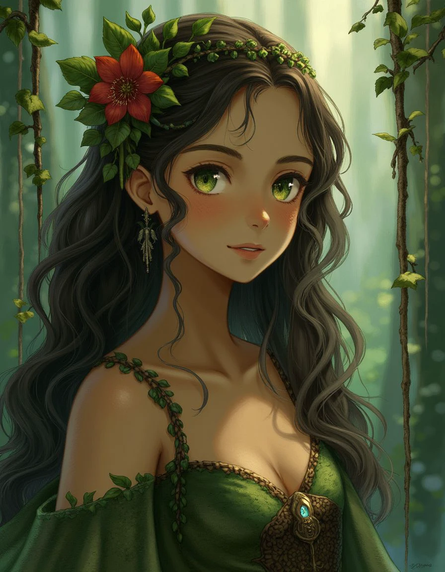 A tall, graceful girl with deep green eyes and long, dark hair decorated with flowers and vines. Her skin is lightly dusted with gold, and she wears a gown made of leaves and woven bark.
<lora:Fabula_Ultima Character_Art_Style_epoch_7:1>,