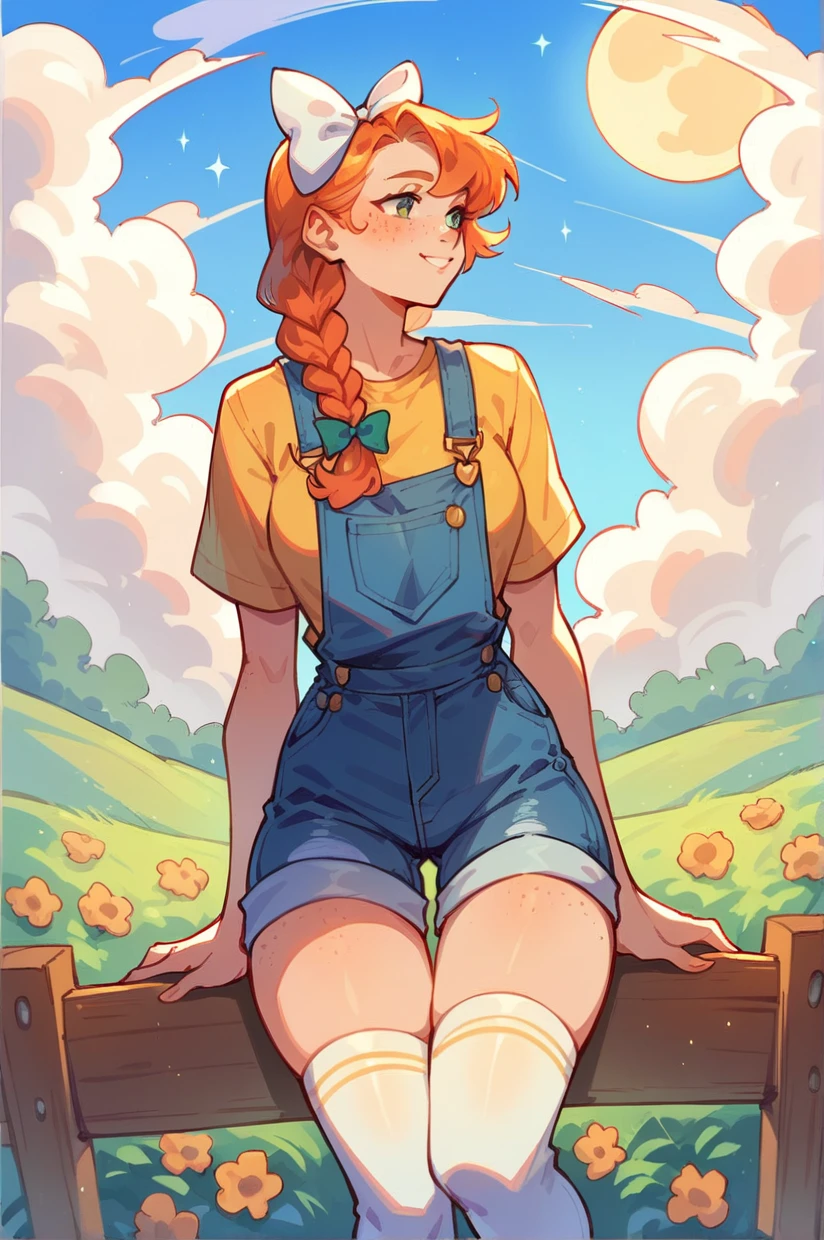 <lora:ann:1.3> Ann, Harvest Moon, fair skin, freckles,(orange hair:1.5),braid, (white hair bow:1.2), yellow t shirt, denim overalls,1girl,solo,thigh high socks,<lora:more_details:1>  <lora:Smooth Anime Style LoRA XL:1>, score_9, score_8_up, score_7_up,