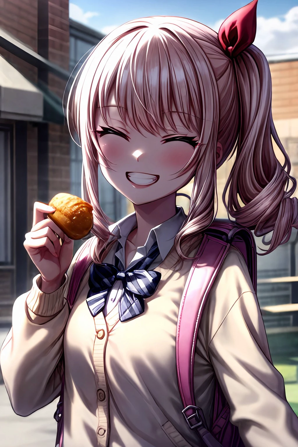 (masterpiece), best quality, expressive eyes, perfect face, akiyama_m, long hair, smile, shirt, long sleeves, bow, ribbon, holding, school uniform, closed eyes, hair ribbon, upper body, hair bow, sidelocks, outdoors, food, striped, collared shirt, bowtie, bag, grin, blurry, red bow, side ponytail, window, blurry background, ^_^, drill hair, sunlight, backpack, cardigan, holding food, facing viewer, light particles, brown cardigan, yellow cardigan, side drill, <lora:0a70ac4e-017c-4b3c-8a37-91bb98b23c88:0.7>, <lora:more_details:0.7>