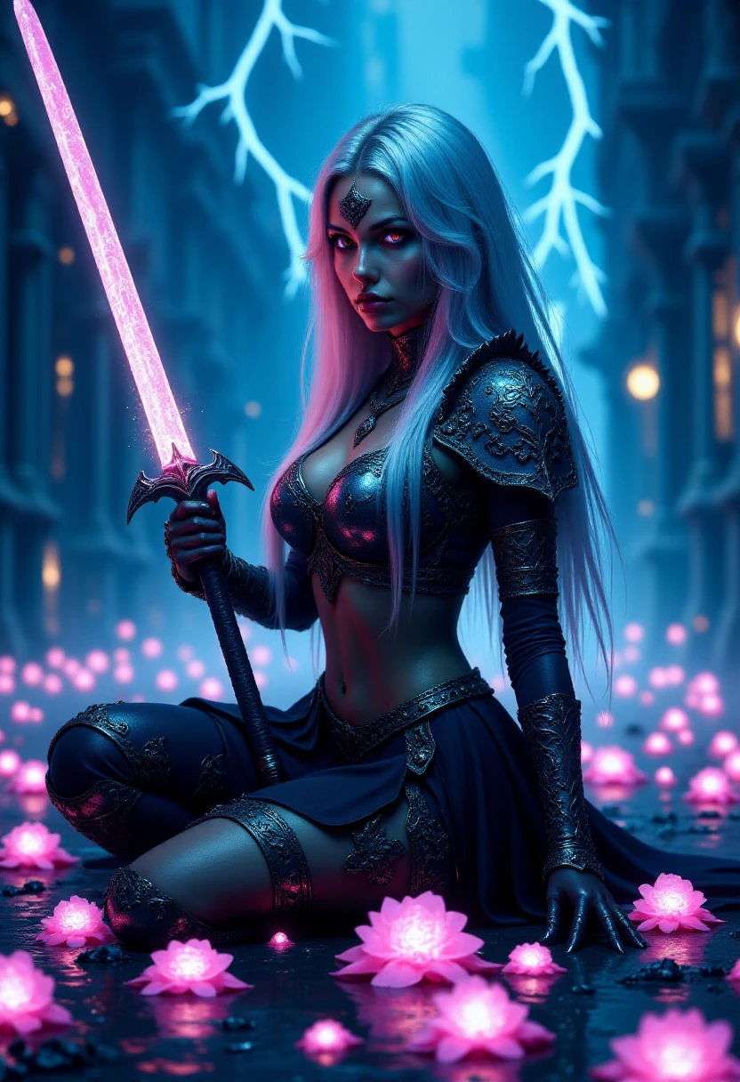 female flux_dk, neon lights, holding an iridescent glowing katana,  fantasy art style, long silver hair, sitting on the ground covered in glowing flowers <lora:Dark_Knights_Flux:1>