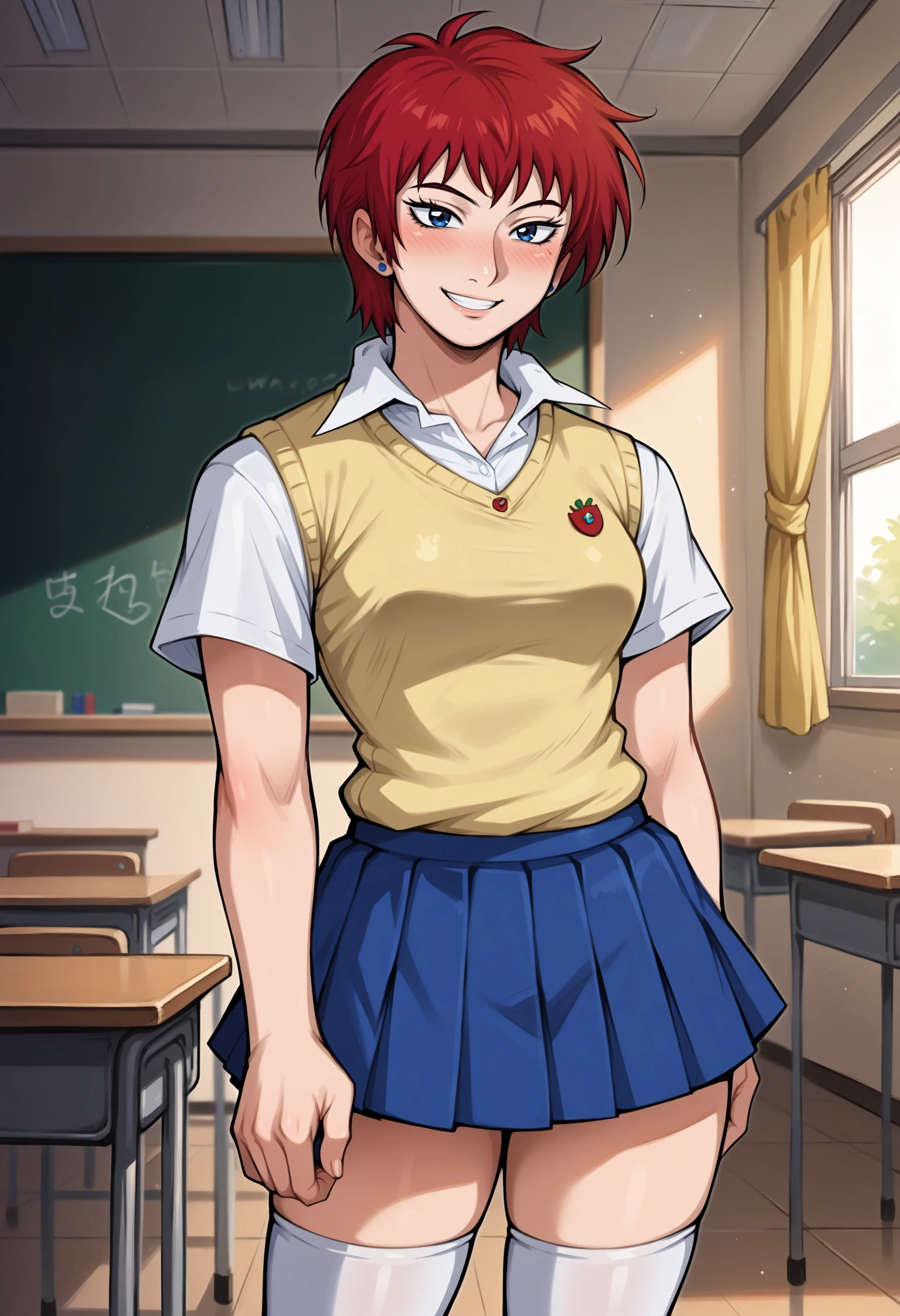 score_9, score_8_up,score_7_up, 1girl, solo, akmktb, tomboy, short hair, red hair, blue eyes,
stud earrings, jewelry, 
collared shirt, white shirt, yellow sweater vest, short sleeves, blue skirt, pleated skirt, miniskirt, white legwear, kneehighs, skirt, school uniform, 
standing, smile, blush, classroom,
<lora:akwmk_pdxl_EliPot_V2:1>