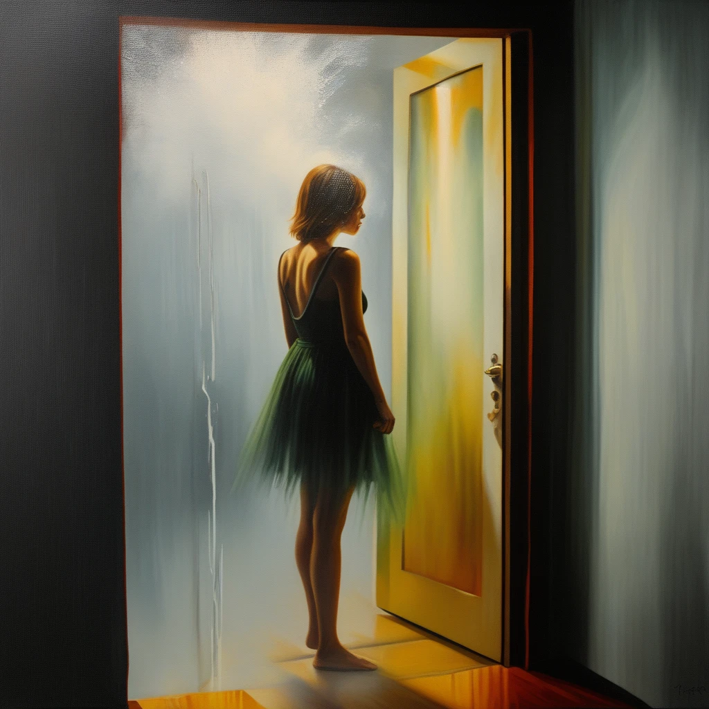 hyper-realistic painting rendered in oil on canvas, but her posture suggests she is looking intently into the open doorway., stylized art style, supported by a network of invisible, giving it a menacing, abstract painting in a modern, misty glass surface, disappearing into a misty, casting an enchanting, vibrant halo.