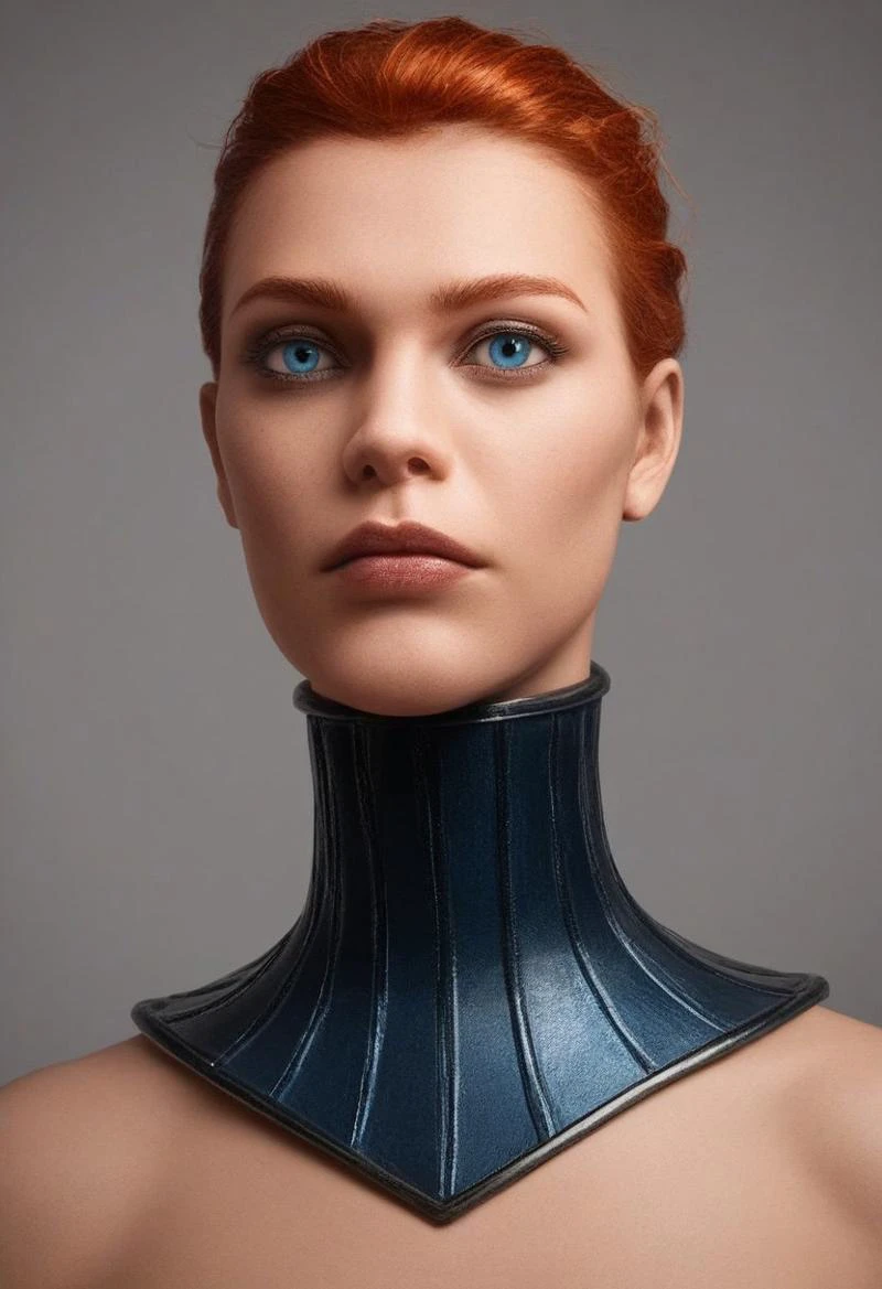 score_9, score_8_up, score_7_up, rating_safe, 
concept art, realistic, dark theme, low light, 1girl, solo.
Ginger hair, Blue eyes.
Neckcorset. metal neck corset.