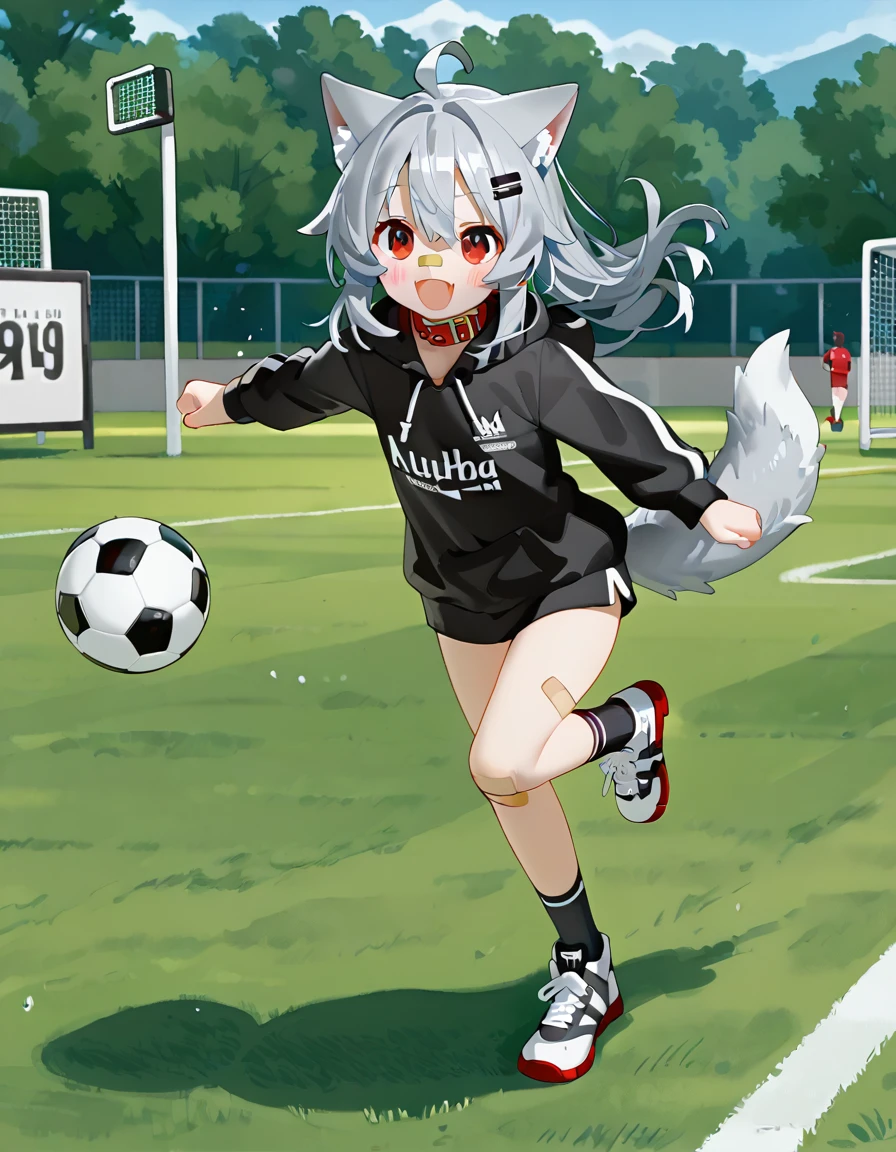 1girl, solo, ooriru, red eyes, bandaid on nose, hairclip, animal collar, black hoodie, bandaid on knee, wolf tail, socks, sneakers, happy, open mouth,  running, soccer ball,  outdoors, field  <lora:ooriru-pdxl-v4:0.7>