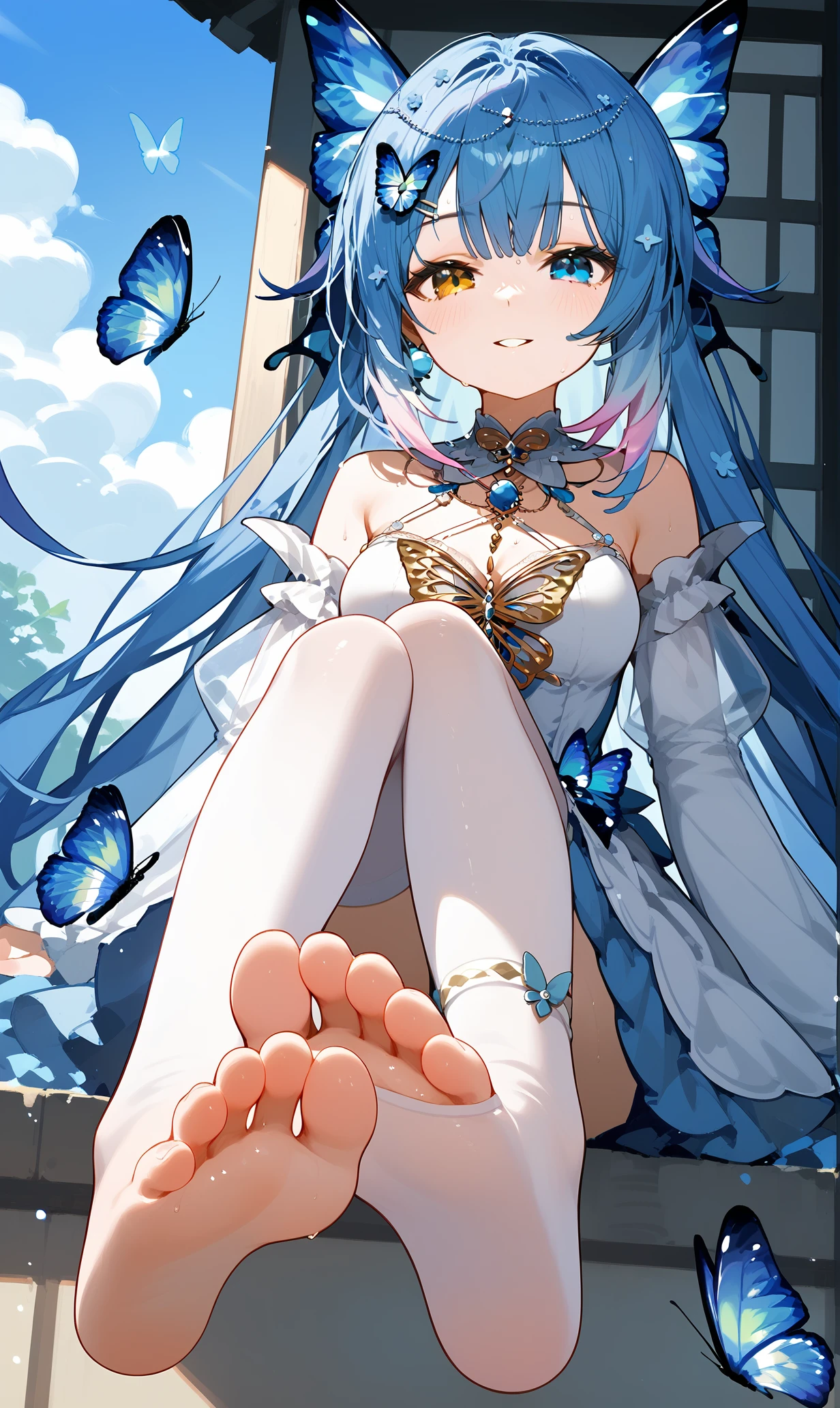 score_9, score_8_up, score_7_up, 
<lora:ameki_pony:0.9>, 1girl, ameki_pony, heterochromia, dress, butterfly hair ornament, blue hair, long hair, hair ornament, thighhighs, jewelry, detached sleeves, 
feet, soles, barefoot, breasts, solo, toes, foot focus, looking at viewer, sitting, sweat, parted lips, outdoors, sky, bangs, day, smile, blush, foreshortening, sun