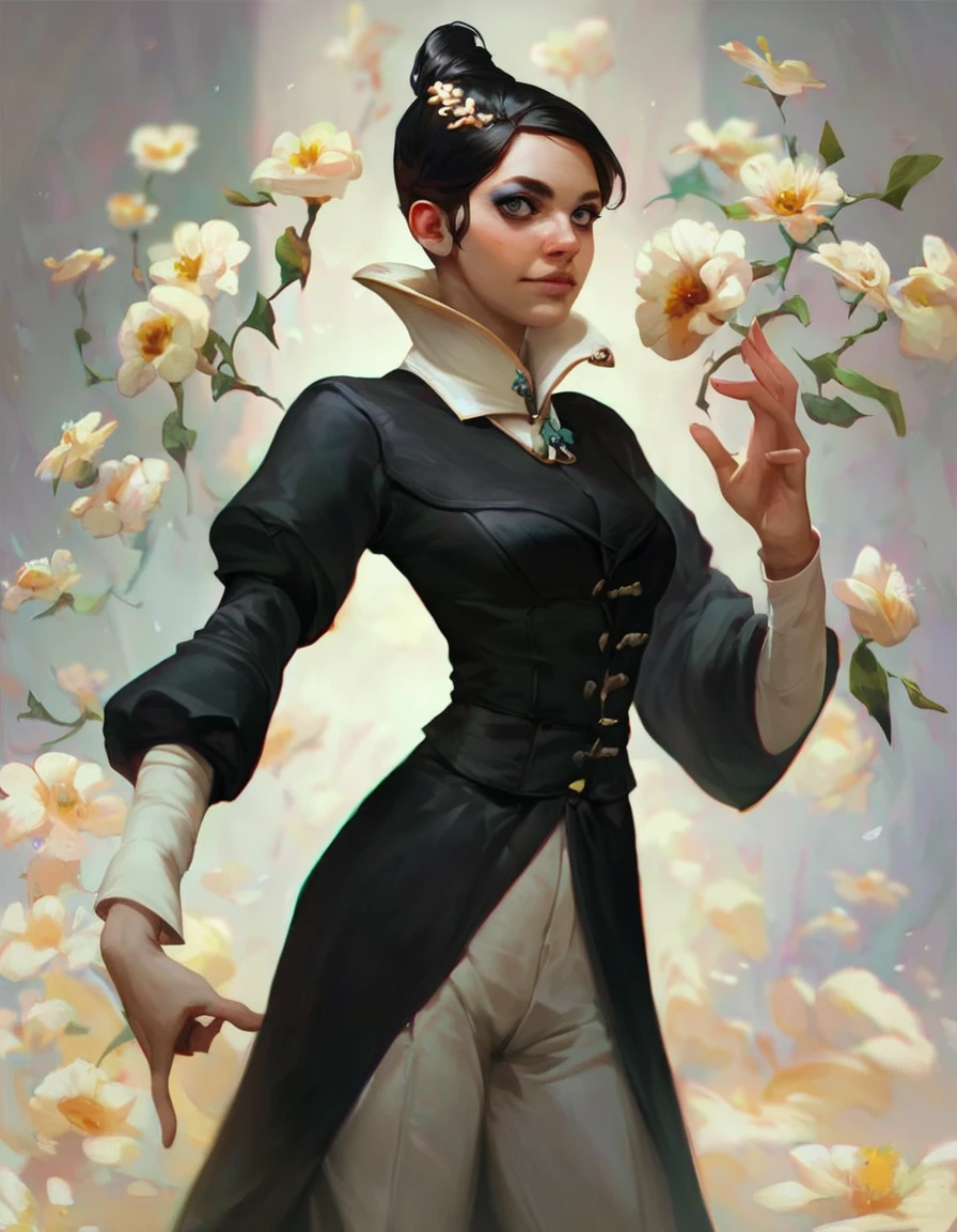 <lora:dishonored_xr_jessamine_v1.0b:0.85> score_9, score_8_up, score_7_up, jessamine, a woman in a black suit with a white collar, holds a flower in a fortress, makeup, hair bun, long hair, narrow waist, looks at the viewer, dynamic ankle, cowboy shot, dynamic pose, cute, wide frame, realistic,