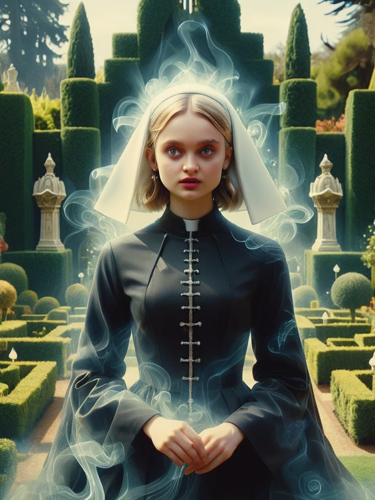 a professional absurdres sharp focus intricately detailed full torso photograph of 
(Bella_Heathcote:1.1), face focus, 
cosplaying as Mr. McGoo wearing a bedazzled nun outfit that seems a little gauche,
dancing in front of A grand, majestic gothic garden leading to a hedge maze, pillars of fire are jetting from within the maze,
  <lora:Bella_Heathcote-SDXLe12:0.8> ,
 <lora:Ghostly_Style_SDXL:1> ais-ghostly,
 <lora:ExplosionMagic:1> explosionmagic , excessive energy, smoke, glowing aura