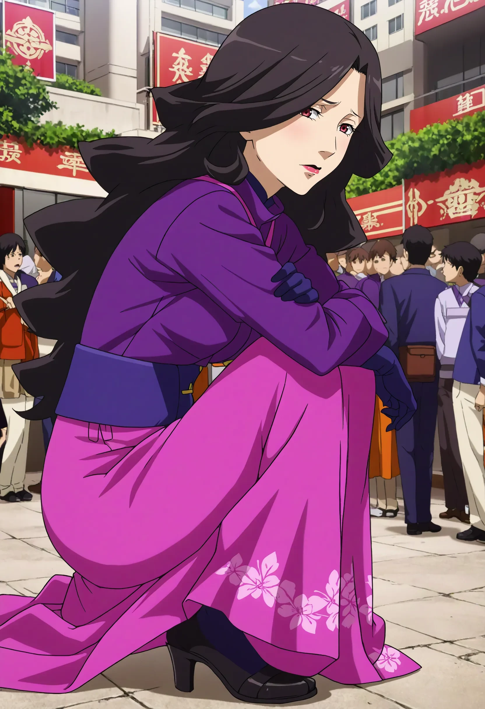 <lora:Hyper-SDXL-8steps-lora:1> <lora:Fixhands_anime_bdsqlsz_V1:1> zPDXL2, score_9, score_8_up, score_7_up, source_anime, intricate details, perfect anatomy BREAK
outdoors, city, tokyo, japan, audience, crowd, squatting, hugging own legs, looking at viewer, from side, Disgusted, A wrinkled nose, raised upper lip, and a slightly open mouth., 1girl, solo, solo focus,
<lora:GAGE-dorene_ezelcant_XL(pony)v10:1> GAGE-dorene, milf, black hair, wavy hair, red eyes, GAGE-dorene outfit, purple kimono, blue obi, black gloves, pink skirt, long gloves, long sleeves, long skirt,