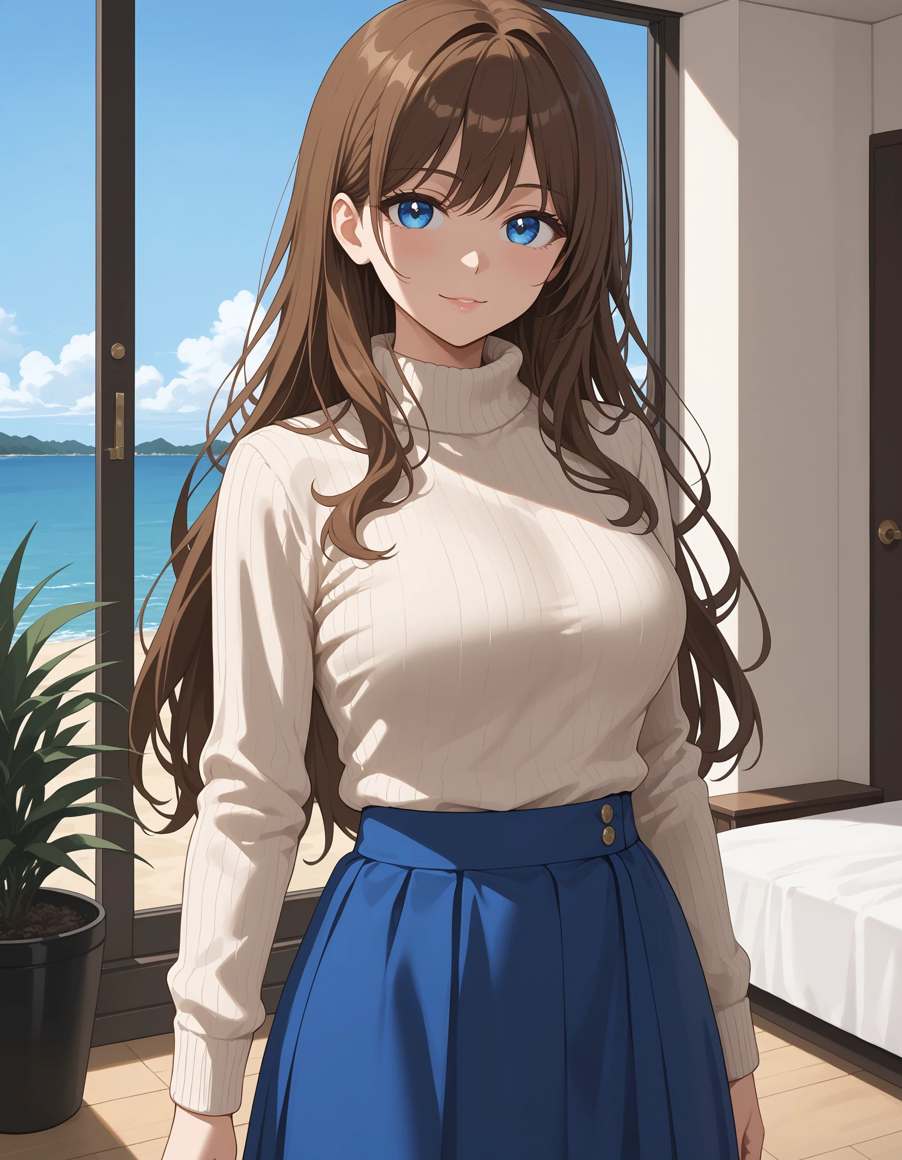 (masterpiece), best quality, expressive eyes, perfect face, soyo_n, long hair, blue eyes, brown hair, cowboy shot, white sweater, blue skirt, long skirt, looking at viewer, <lora:f2f1623e-43da-473a-a36e-8fd634ea9126:0.7>