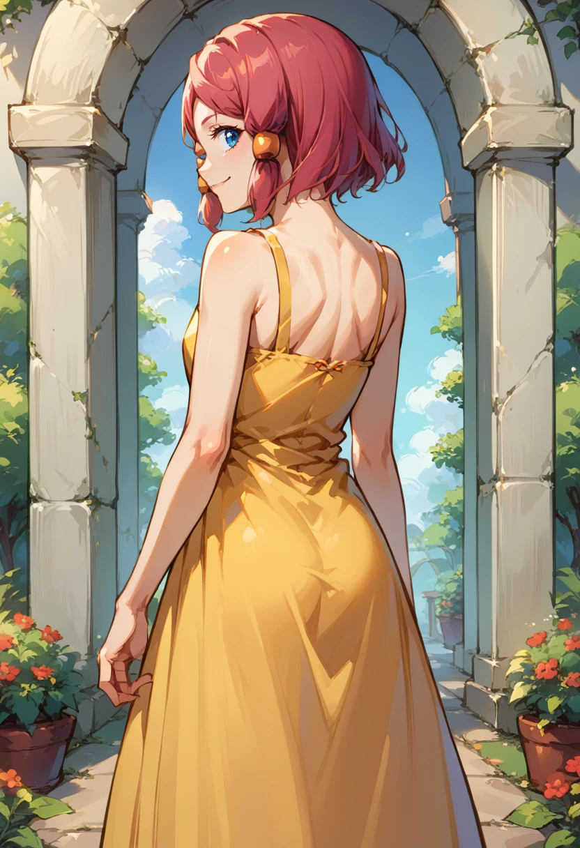 score_9, score_8_up, source_anime, 1girl, solo, RoseTales, blue eyes, pink hair, short hair, hair tubes, from behind, yellow sundress, garden, day, sunshine, smile, looking back, <lora:ChamRoseToZPonyXL:1>