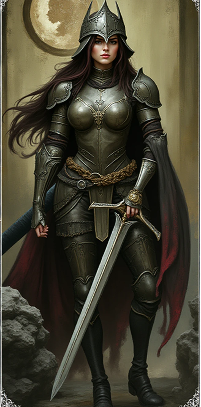 A woman in a helmet and armor is holding a sword.Dr4GnAg3 tarot card