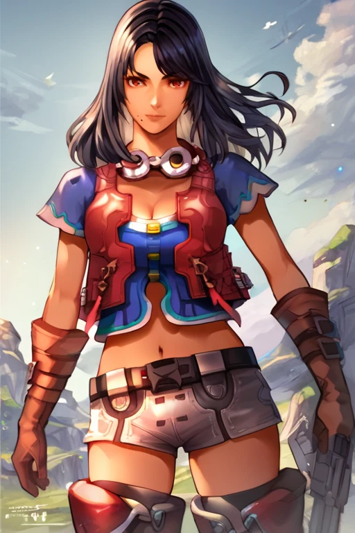 <lora:Sharla_Xenoblade:1> , Sharla_Xenoblade, black hair, red eyes, dark skin, beauty mark, large breasts, blue shirt, cleavage, red vest, navel, pilot goggles on neck, white shorts, belt, thighhigh boots, black boots, red gloves, belts on gloves,, , score_9, score_8_up, score_7_up, source_anime, detailed, high quality, beautiful, masterpiece,