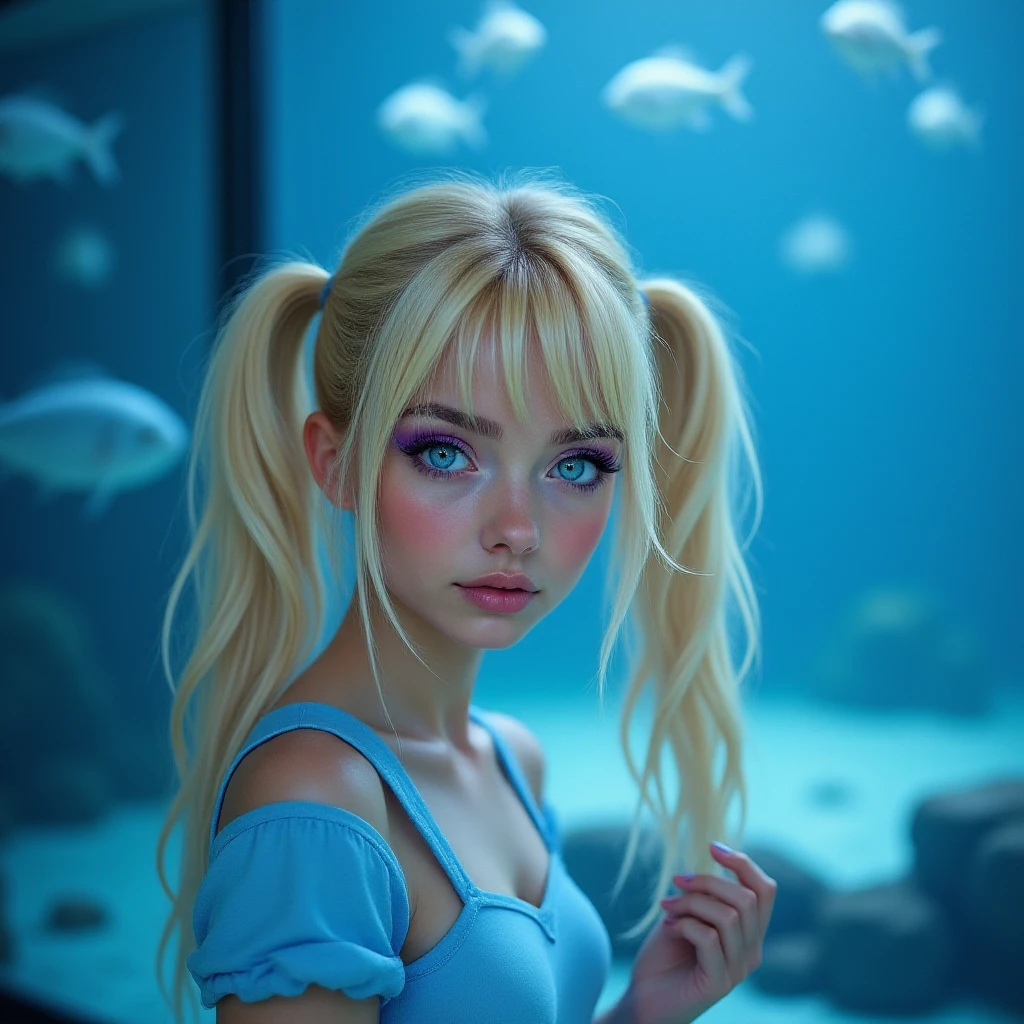 <lora:PPGBubblesV4m:1>, raw photo of ohwx woman with pale blonde pigtails and large bright blue eyes, at an aquarium with fish swimming in large tanks showcasing the calming blue hues of the water