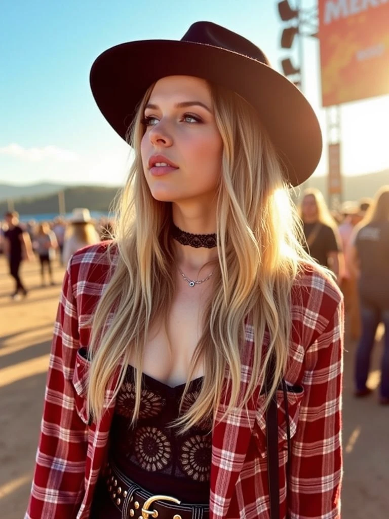 zzw,  cinematic,  full body shot,  ZZ Ward, wearing a lovely hipster rocker outfit, in an outdoors music festival,  photorealistic, real photography, 8k, hd,  <lora:zz-ward:1.1>